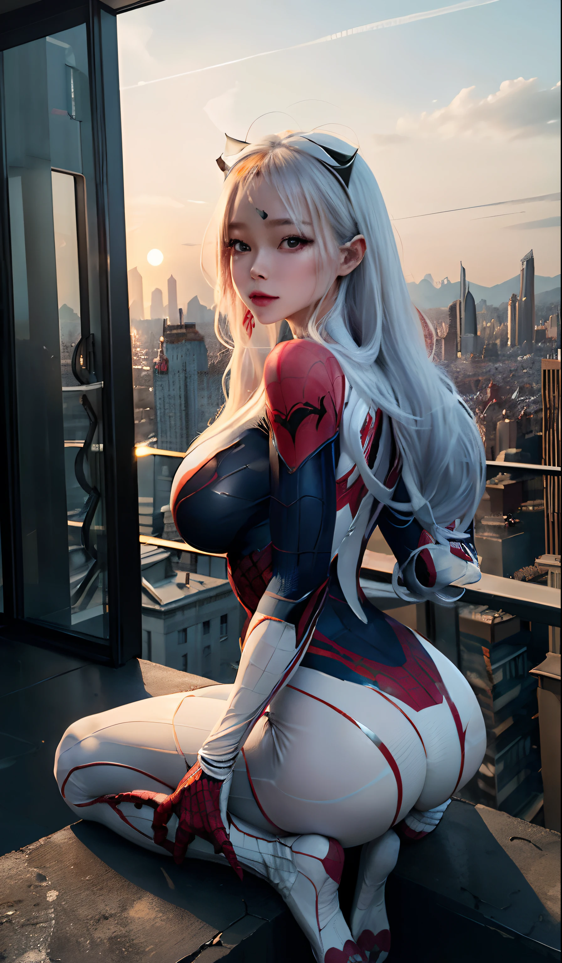 4k, realistic, carismatic, very detail, there is a girl on top city, wearing spiderman costum, she is a spiderman, white super hero theme, white long hair, 25 years old, full body
