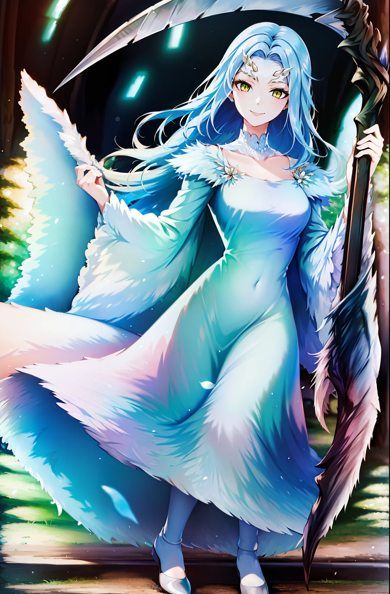 ((masterpiece)), ((best quality)), ((highres)), ((finely detail)), 1girl,priscilla the crossbreed, holding scythe, white dress, full body,smile