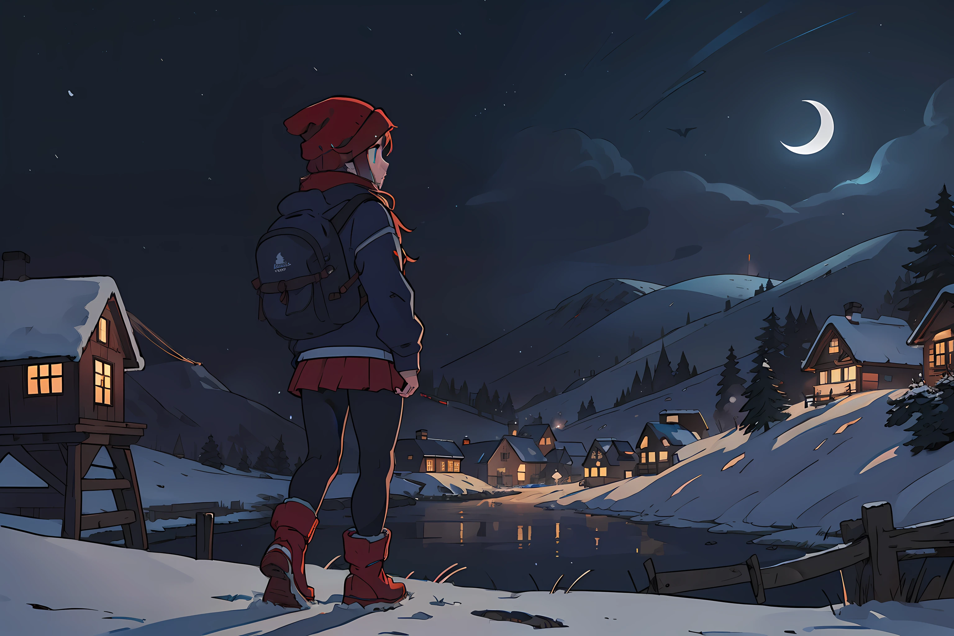 masterpiece, 4k, detailed, wide shot, game key art, splash art, concept, distant shot of a small village at the bottom of snowy hills at night, with a slim girl with long red hair in beanie, blue sweater and tights, red boots and backpack walking towards it in the foreground in the corner of the image, dark, gloomy dramatic, spooky lighting with lot of fog, foggy and snowing weather snowy, blizzard, night with huge white moon