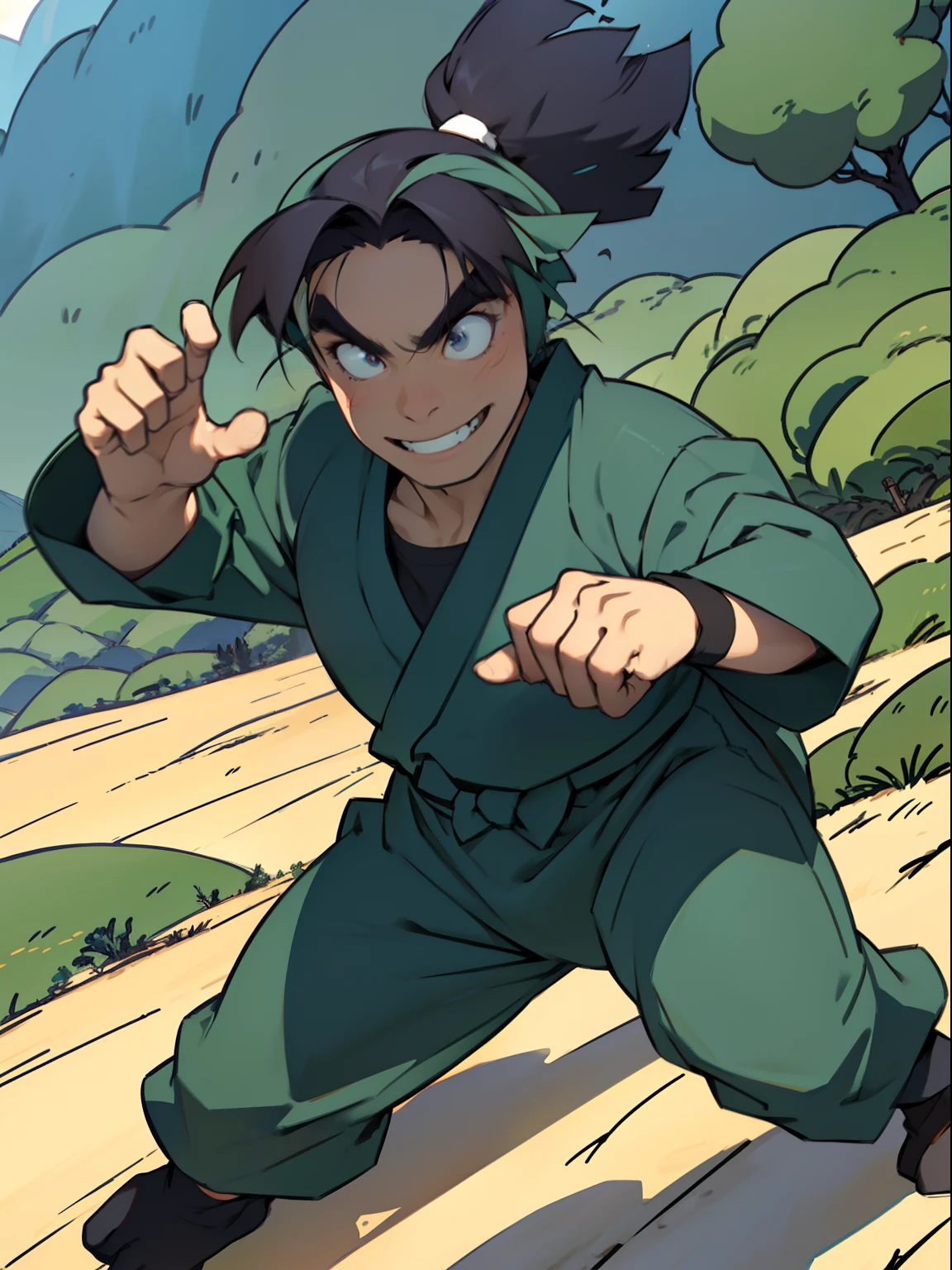 In the forest、a smile、(Combat Poses:1.5)on a mountain、ember、１（solo:1.5)、Only one person、depth of fields、during daytime、(​masterpiece:1.3)、８K、jpn、A Japanese style、Amazing background details、beautful view、Pampas grass field、Pampas grass、robust、Mighty river、Being on high、Top of the mountains、blue open sky、dynamicposes、dynamic ungle、Background is an illustration、bare hand、Fine background、Hair is black、Angle from above、a closeup、Eyes open、tall、delicated face、Have a solid face、Five fingers、(Cool pose:1.5)、Close distance、