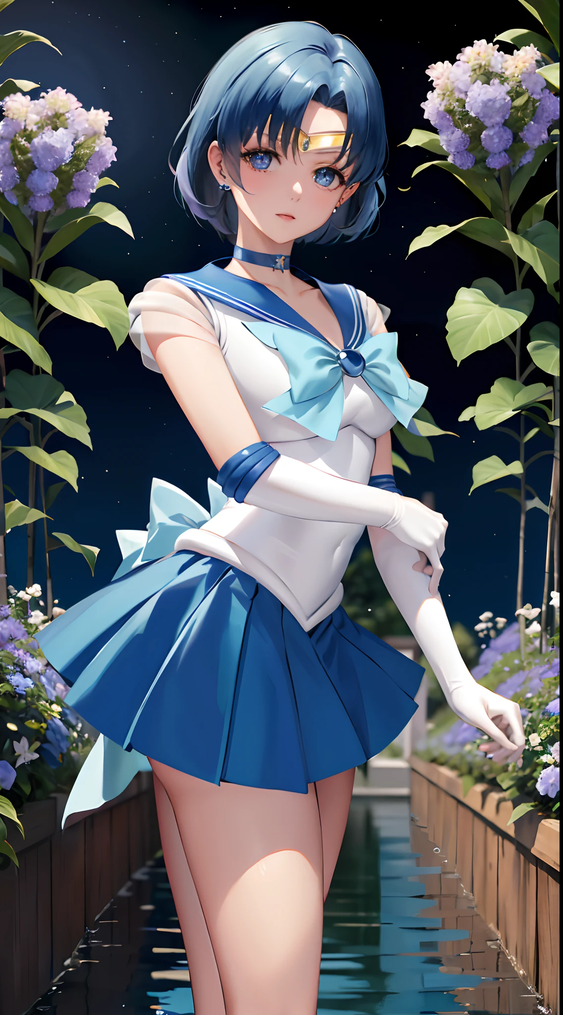 masterpiece, best quality, highres, mer1, tiara, sailor senshi uniform, blue skirt, blue sailor collar, tiara, bow, knee boots, choker, white gloves, blue choker, elbow gloves, jewelry, earrings, pleated skirt, cowboy shot, garden with lots of blue flowers in background