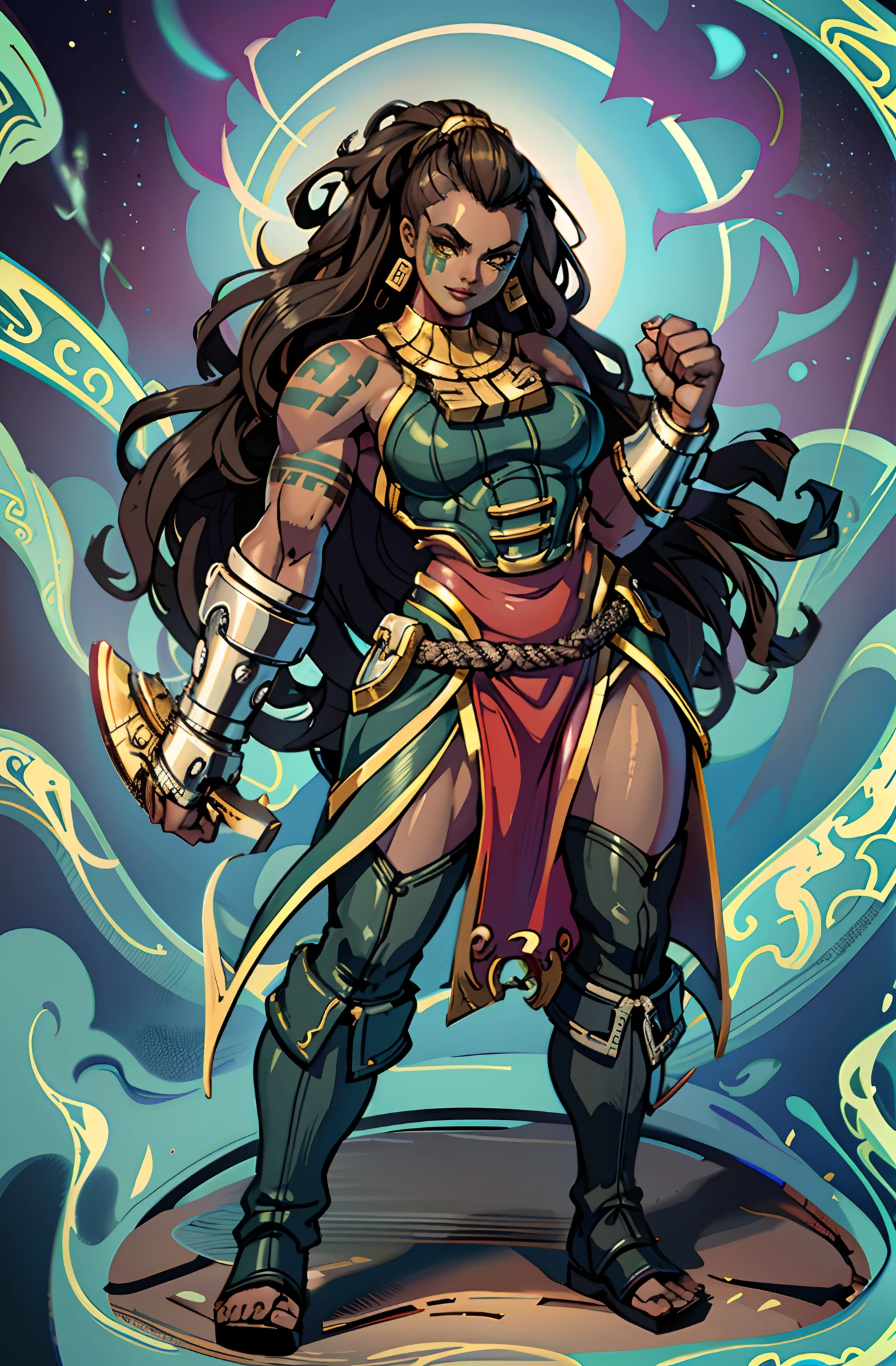 illaoi, 1girl, dark skin, long hair, muscular, solo, standing, detailed face, ultra detailed eyes, looking at viewer, cowboy shot, upper body, (masterpiece:1.2, best quality), flipflops,full body, crazy smile