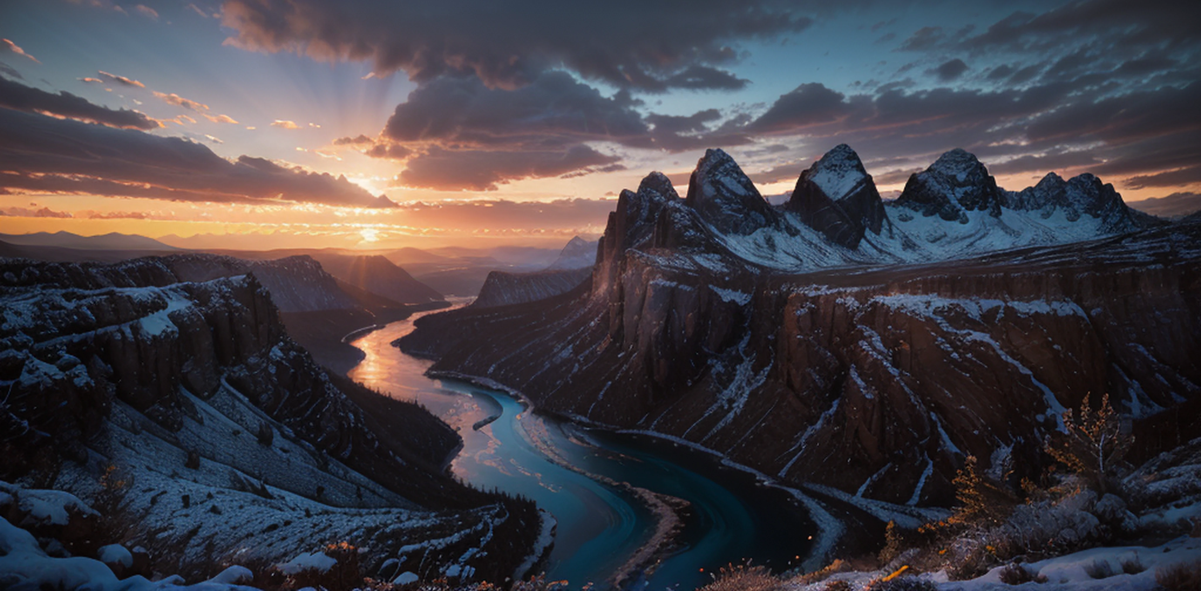 Masterpiece, (((magical lighting action shot))) (((vast fantasy landscape))), moody lighting, blue hour, blue colors, very detailed, dramatic lighting, digital art trending on Artstation 8k HD high definition detailed realistic, detailed, texture, hyper detailed, realistic texture, best quality, ultra high res, (photorealistic:1.4), high resolution, detailed, raw photo, sharp re, nikon d850 film stock photograph 4 kodak portra 400 camera f1.6 lens rich colors hyper realistic lifelike texture dramatic lighting unrealengine trending on artstation cinestill 800, (((500px, fstoppers, photosight.ru, iso noise))) (snow on the tall rocky scary mountains) (dramatic lighting:1.5) (frozen waterfalls:1.0) (hyper detailed:1.5) (sunset:1.5)