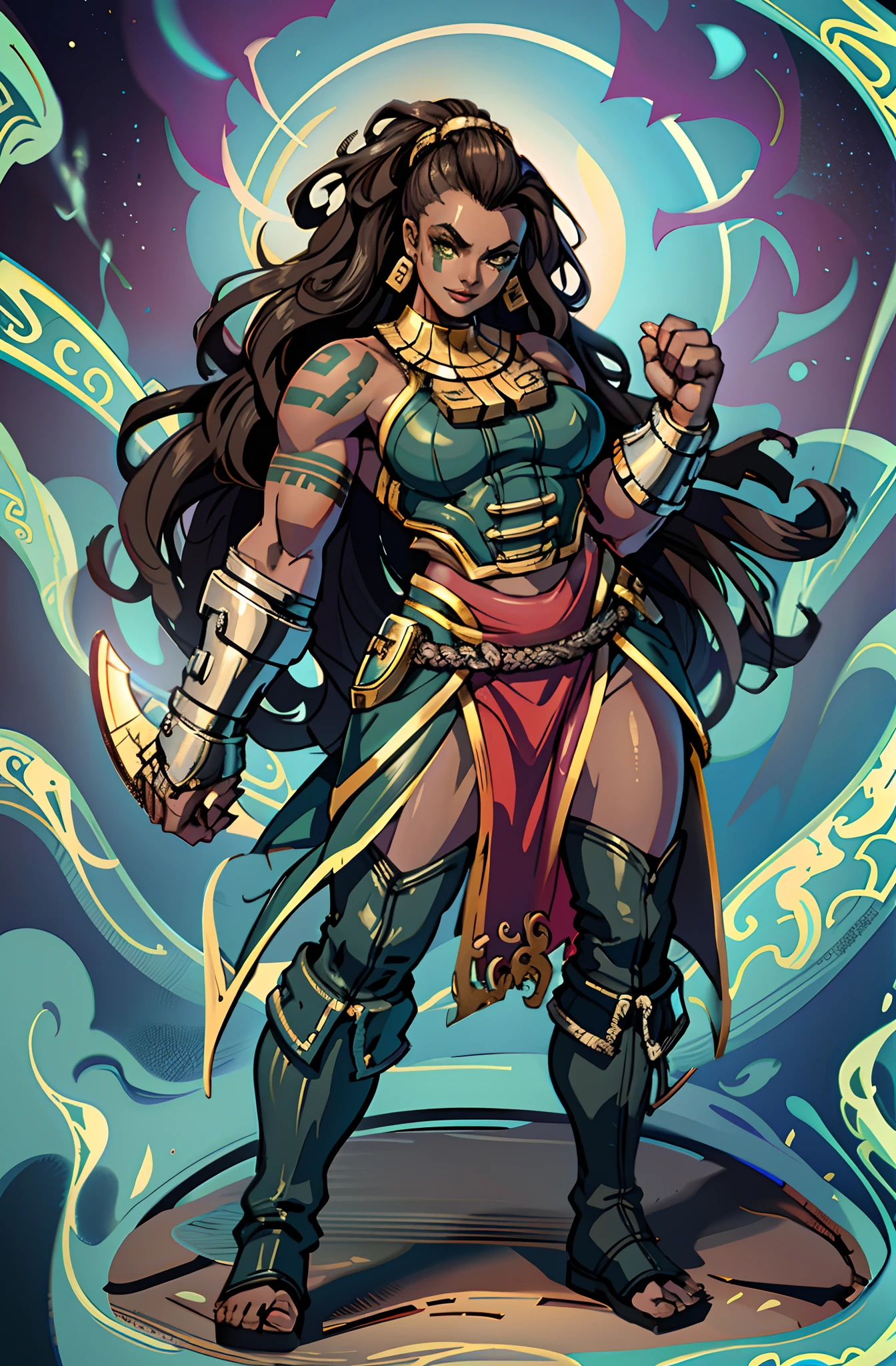 illaoi, 1girl, dark skin, long hair, muscular, solo, standing, detailed face, ultra detailed eyes, looking at viewer, cowboy shot, upper body, (masterpiece:1.2, best quality), flipflops,full body, crazy smile