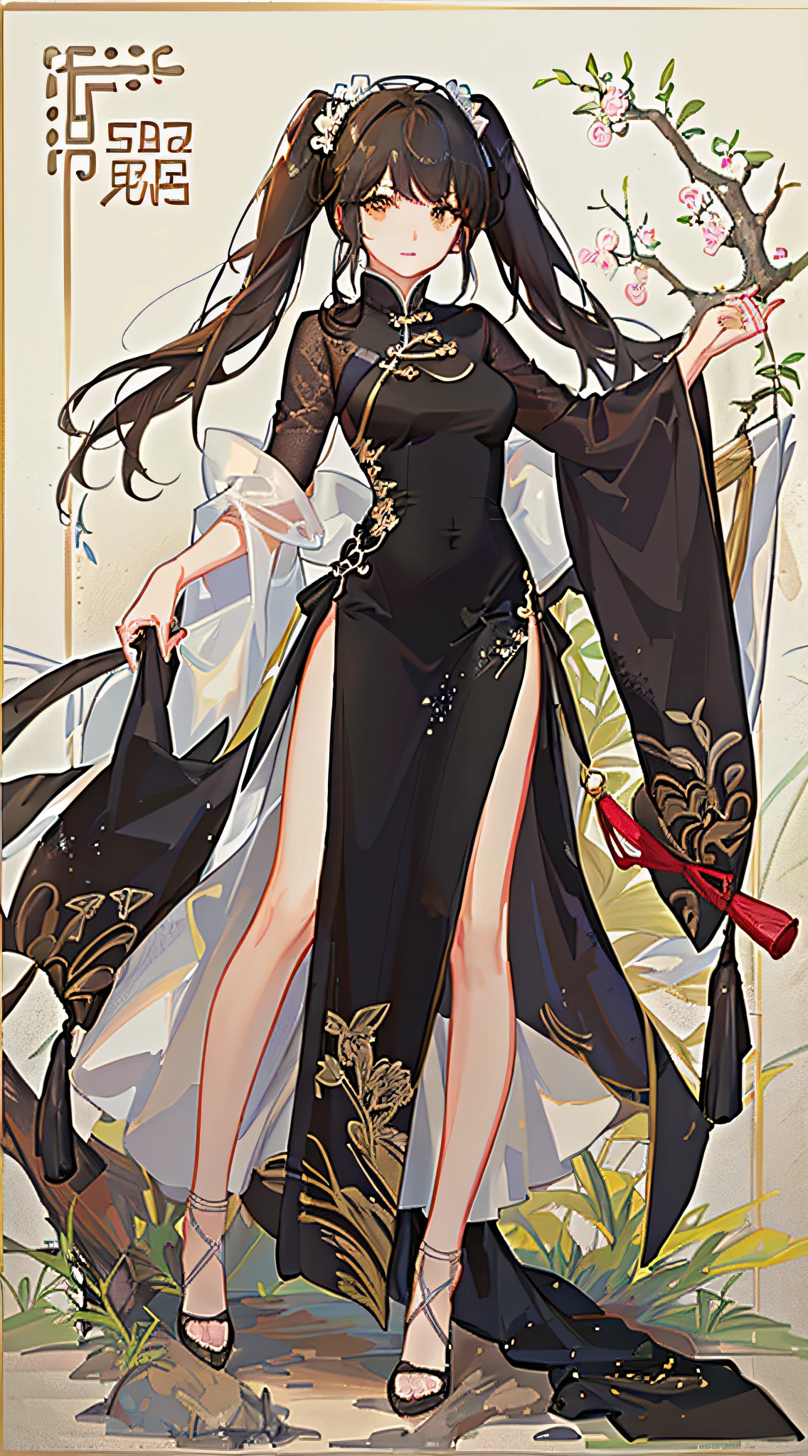 masterpiece,Highest quality,Very detailed,beautiful girl,Cheongsam with beautiful pattern,Exercise martial arts,Fearless smile, teenager,Black Hair,Beautiful and detailed eyes,skinny,Small breasts, full body,Dynamic,bamboo forest