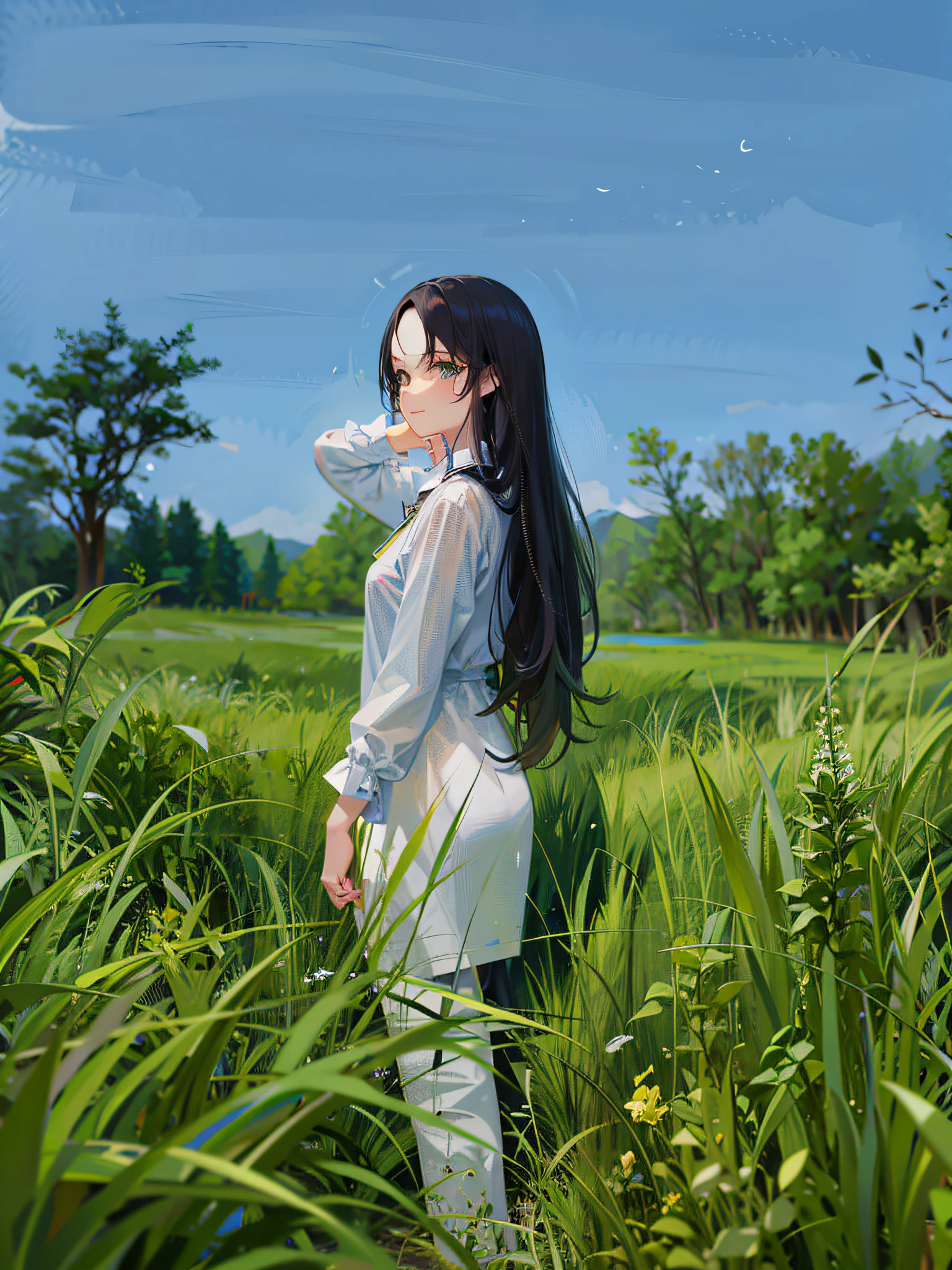 arafed woman standing in a field of tall grass, in a open green field, standing in grassy field, standing in grassy field, on a grassy field, in a field, on a grassy field, in a large grassy green field, With long hair, Asian girl with long hair, standing in a field, standing in tall grass, Round face, big eyes, standing alone on the grass, looking back and smiling。