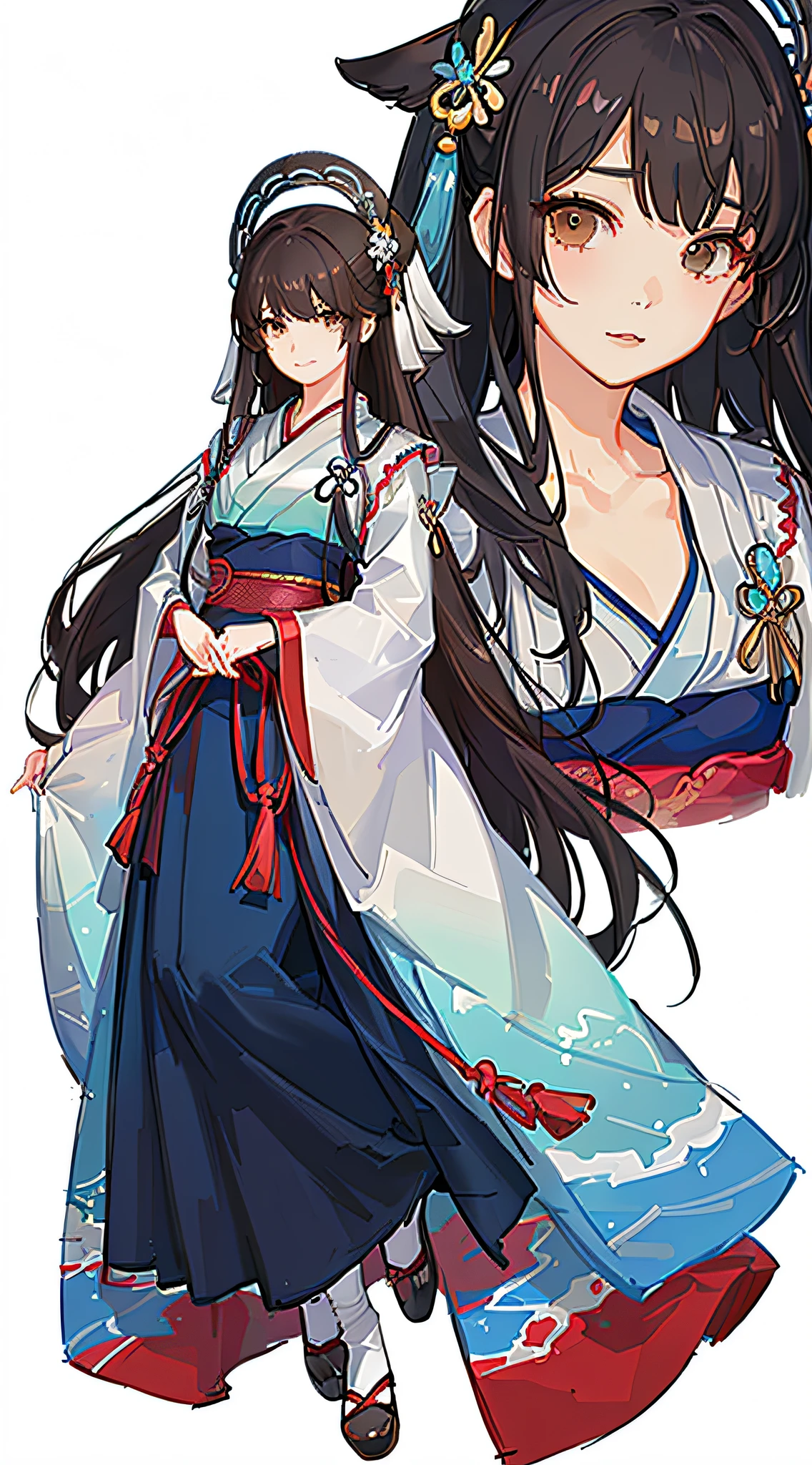 Kizi,full bodyesbian,(Face details:1.2),tmasterpiece,Fashionab,Hanfu,,mid hair,brunette color hair,dual horsetail,Qi bangs,Brown eyes,best qualtiy,ultra - detailed,16k