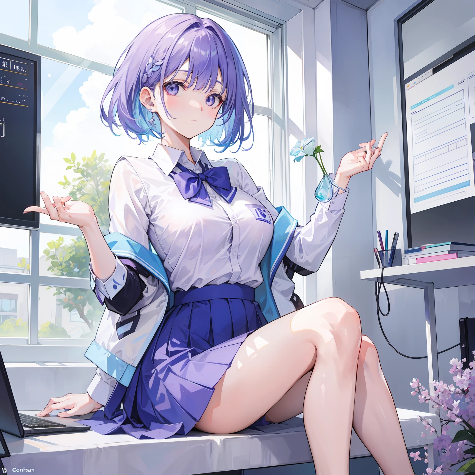 Light purple-blue hair,Crystal clear teacher uniforms,Beautiful female teacher with a sense of freshness and refreshment