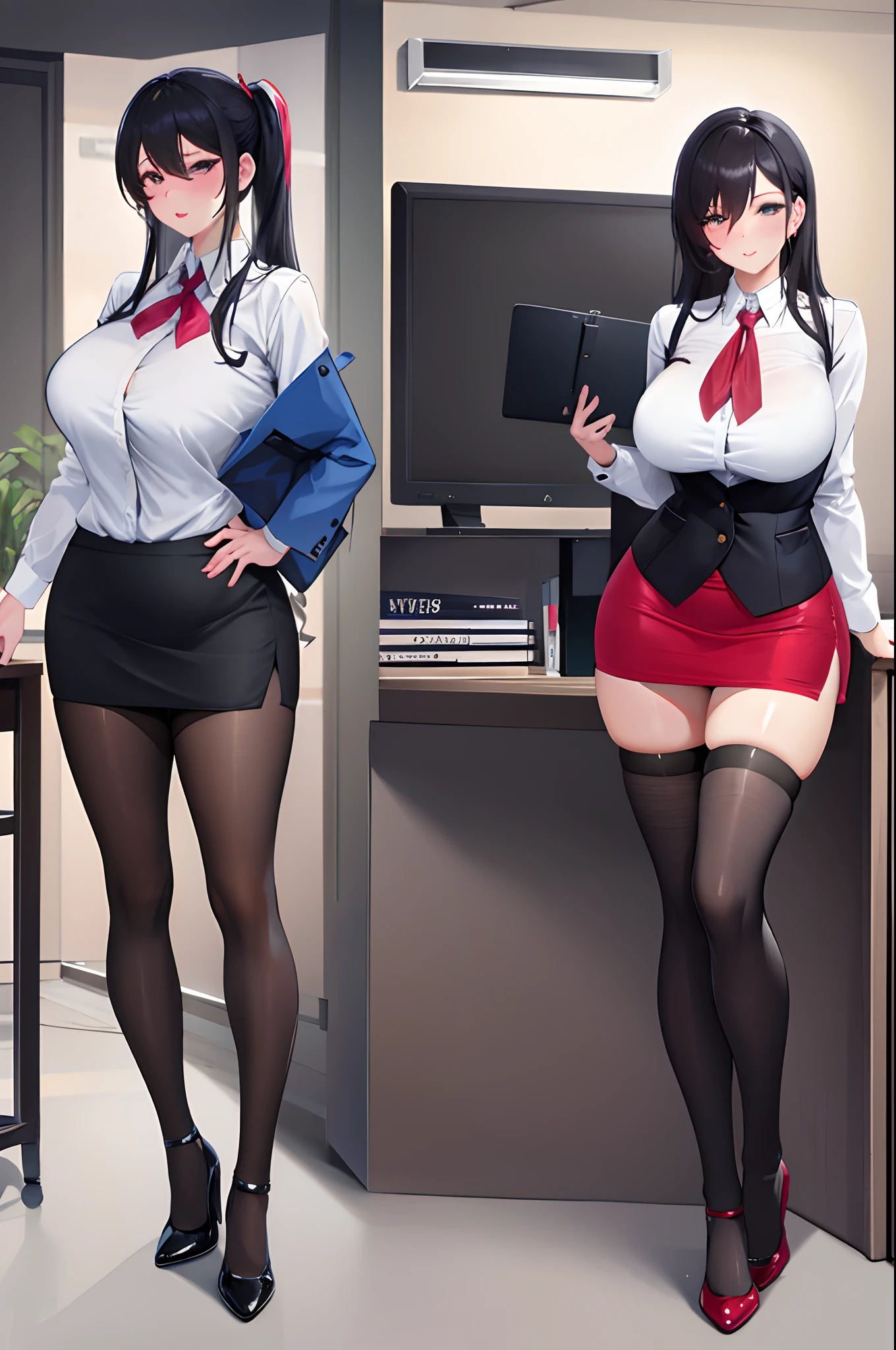 Stewardess, sexy body, big breasts, cleavage, big hip, stockings, garter belts, smiling, beautiful face, detailed face, very detailed eyes, long black hair, blue eyes, full body, high quality, airport, detailed background, high resolution, black red uniform