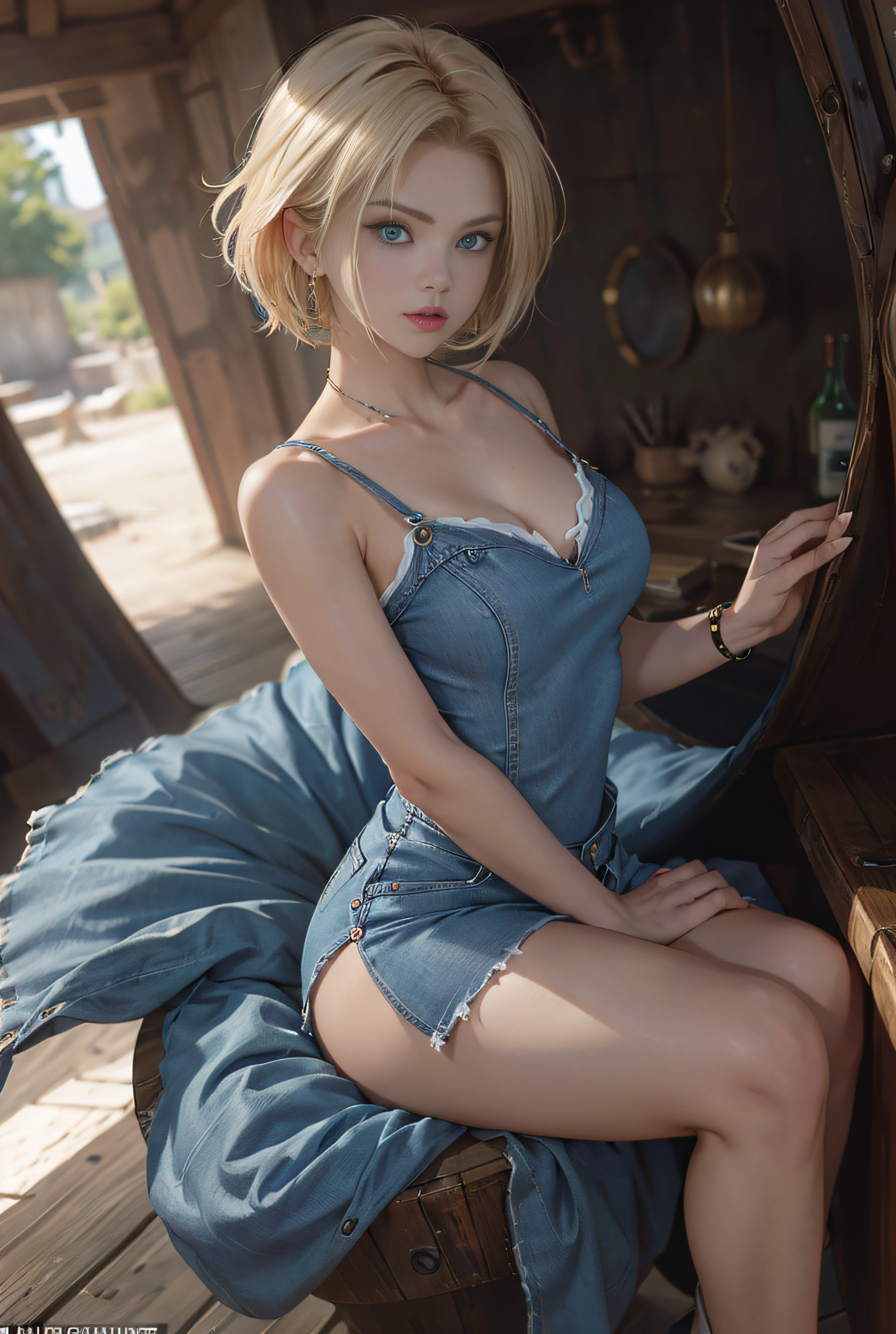 (cowboyshot: 1.2), (ANDROID_18, AND18\(dragon ball z\), (finely detailed beautiful eyes and detailed face), (face through thigh: 1.4), (knee shot: 1.2), blonde hair, solo, lady, (beautiful background), :), dynamic angle, blue eyes, light face, sunlight, (bright face: 1.2), very wide hips, very thick thighs, (full body shot), solo, blonde hair,  blue eyes, short hair, earrings, jewelry, (with a gorgeous denim cami mini dress fitted to Mary Quant's style)), boots