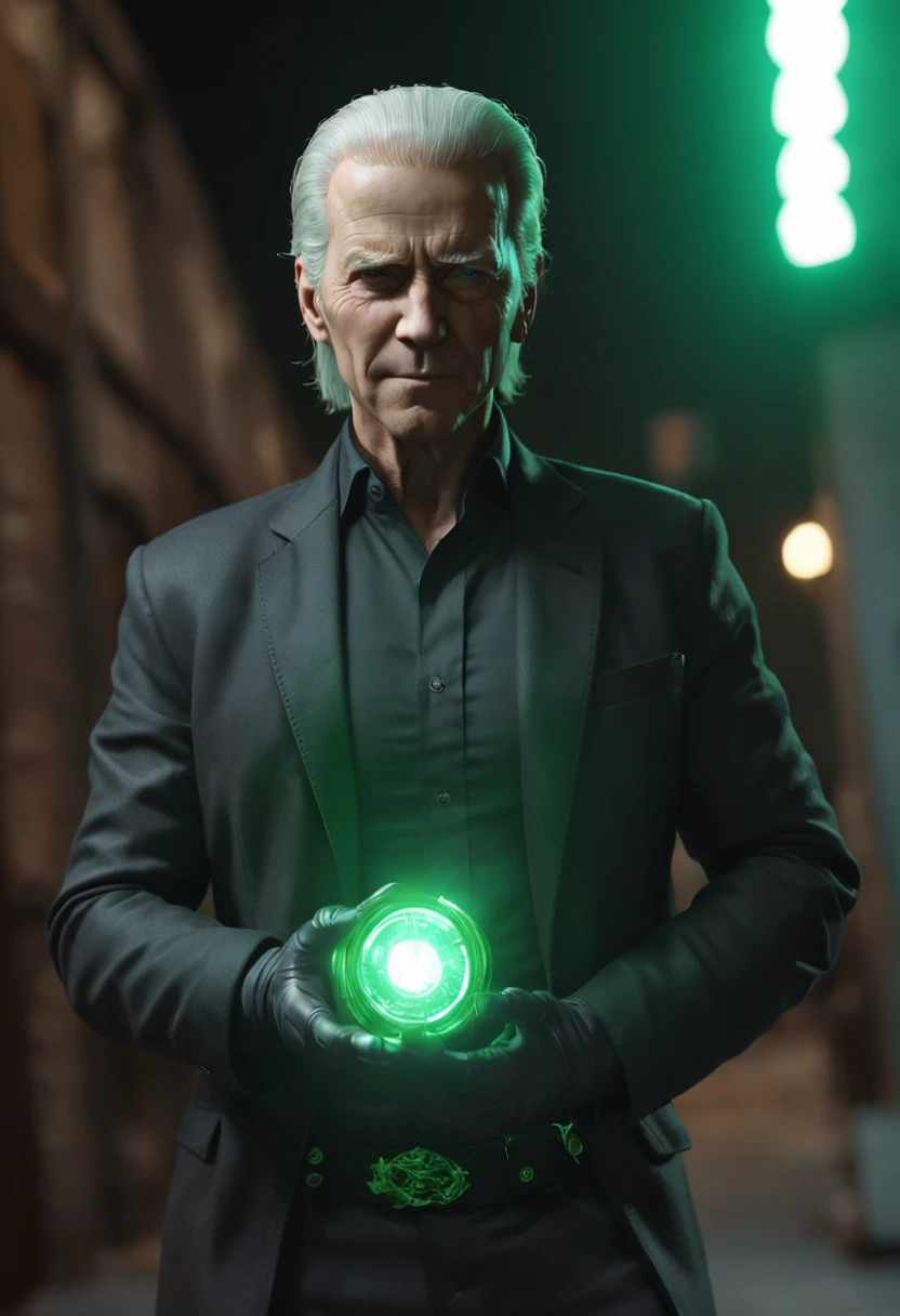 melhor qualidade, Ultra resolution, corpo inteiro, fundo detalhado, realista, 8k, A man in a black shirt and blue pants holding a green light, Joe Biden como um personagem JoJo, Retrato completo de Electromancer, Personagem de anime, Anime Ciborgue, joe biden as an anime villain, alien robot luffy, Um homem com ecudo de energia, Cyborg's right arm and legs, Melhor Design de Personagens de quadrinhos, em meio a uma cidade destruida.