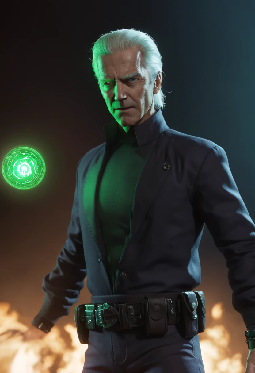 melhor qualidade, Ultra resolution, corpo inteiro, fundo detalhado, realista, 8k, A man in a black shirt and blue pants holding a green light, Joe Biden como um personagem JoJo, Retrato completo de Electromancer, Personagem de anime, Anime Ciborgue, joe biden as an anime villain, alien robot luffy, Um homem com ecudo de energia, Cyborg's right arm and legs, Melhor Design de Personagens de quadrinhos, em meio a uma cidade destruida.
