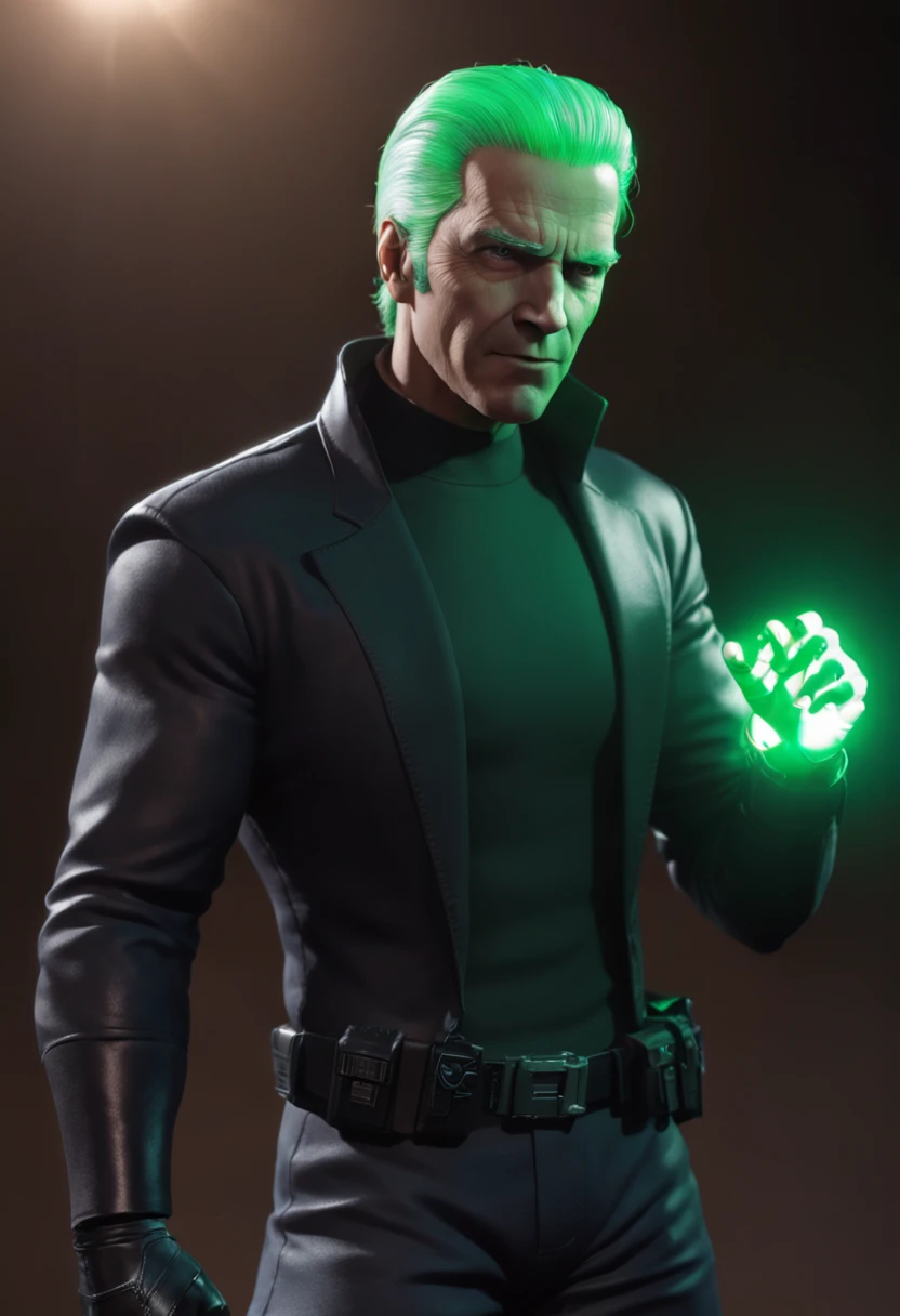 melhor qualidade, Ultra resolution, corpo inteiro, fundo detalhado, realista, 8k, A man in a black shirt and blue pants holding a green light, Joe Biden como um personagem JoJo, Retrato completo de Electromancer, Personagem de anime, Anime Ciborgue, joe biden as an anime villain, alien robot luffy, Um homem com ecudo de energia, Cyborg's right arm and legs, Melhor Design de Personagens de quadrinhos, em meio a uma cidade destruida.