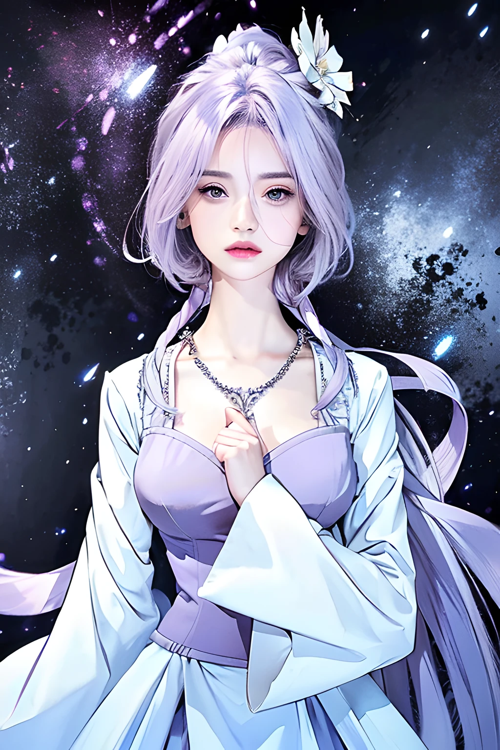 (photorealistic:1.4), best quality, masterpiece, ultra high res, 1girl, (detailed face:1.2), (detailed eyes:1.2), (detailed hair:1.2), (detailed clothes:1.2), 4k, (detailed color:1.2), (light purple hair:1.2),