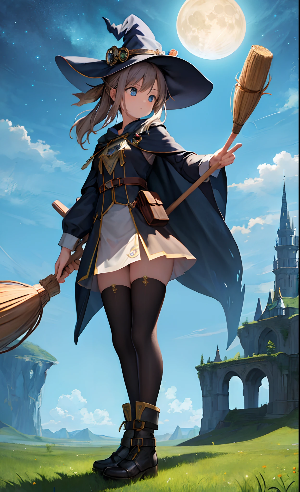 masterpiece, best quality, ultra-detailed, illustration, 1girl, solo, fantasy, flying, broom, night sky, outdoors, magic, spells, moon, stars, clouds, wind, hair, cape, hat, boots, broomstick, glowing, mysterious, enchanting, whimsical, playful, adventurous, freedom, wonder, imagination, determination, skill, speed, movement, energy, realism, naturalistic, figurative, representational, beauty, fantasy culture, mythology, fairy tales, folklore, legends, witches, wizards, magical creatures, fantasy worlds, composition, scale, foreground, middle ground, background, perspective, light, color, texture, detail, beauty, wonder.