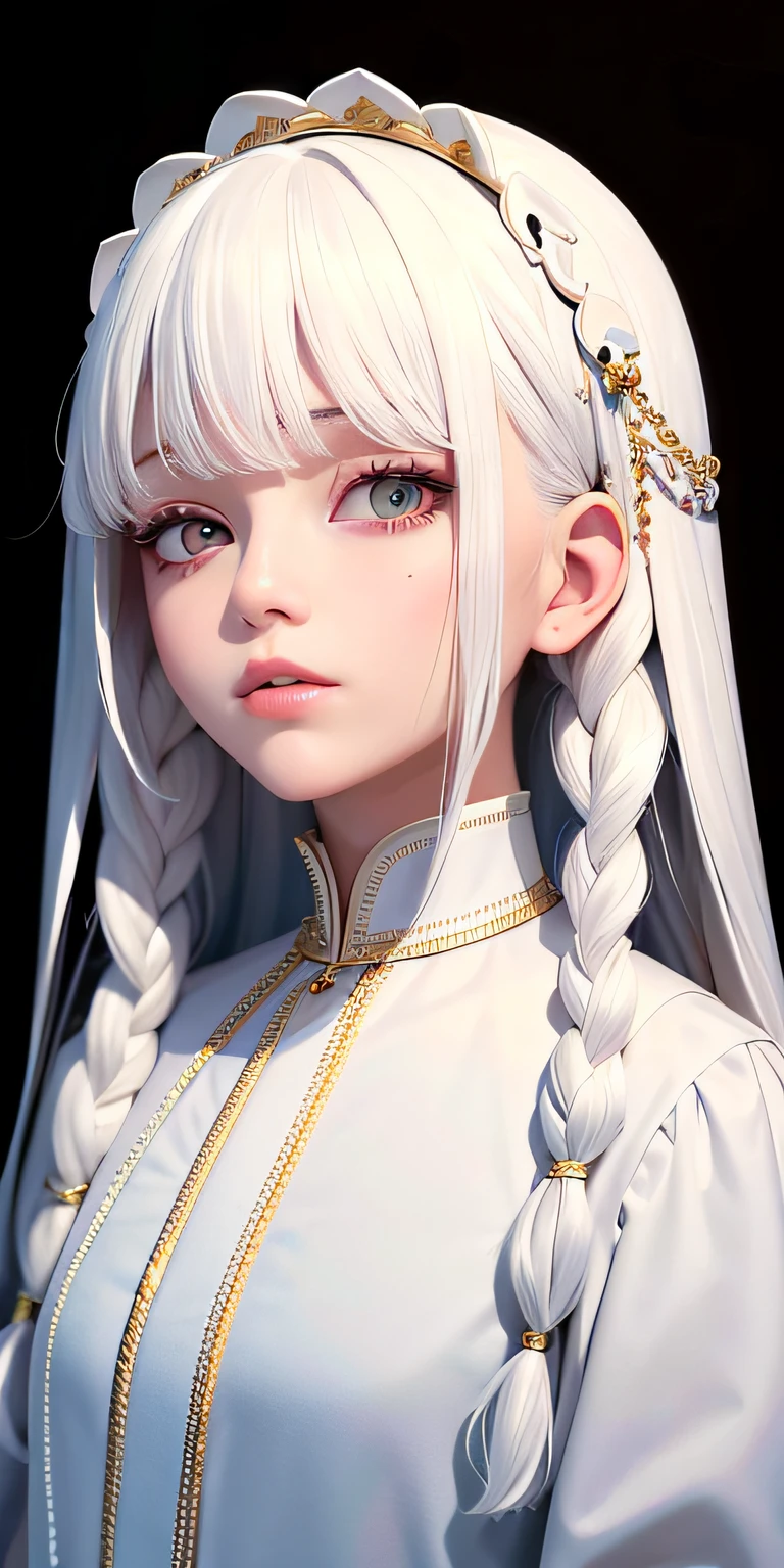 best quality, masterpiece,white hair, gold eyes,white clothes, looking up, upper body,hair strand,Fair skin,side braids