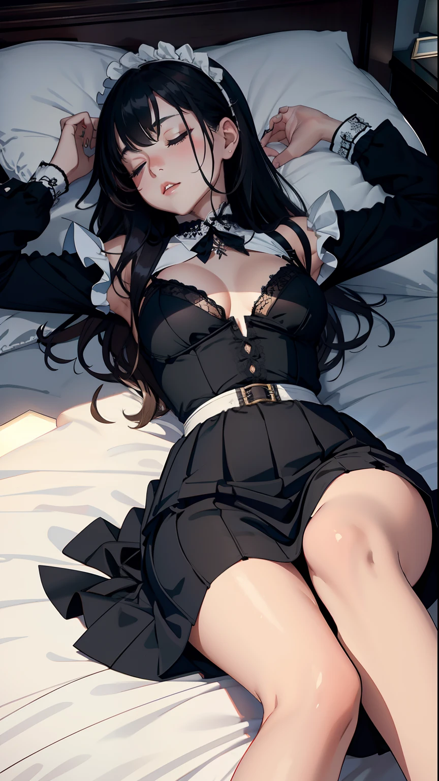 masterpiece, top-quality, Detailed details, Detailed landscapes, beatiful lights, Beautiful Shadows,girl with,((lying back)),((Sleeping in bed)),(laying on back),close legs,((Bare legged)),20yr old,Black eyes,a miniskirt,Slit skirt,(maid clothes),Clothes that have fallen apart, detailed skin textures, Tyndall effect,mansion,mansion,Bedroom,(Antique bed),Candlelight,NSFW