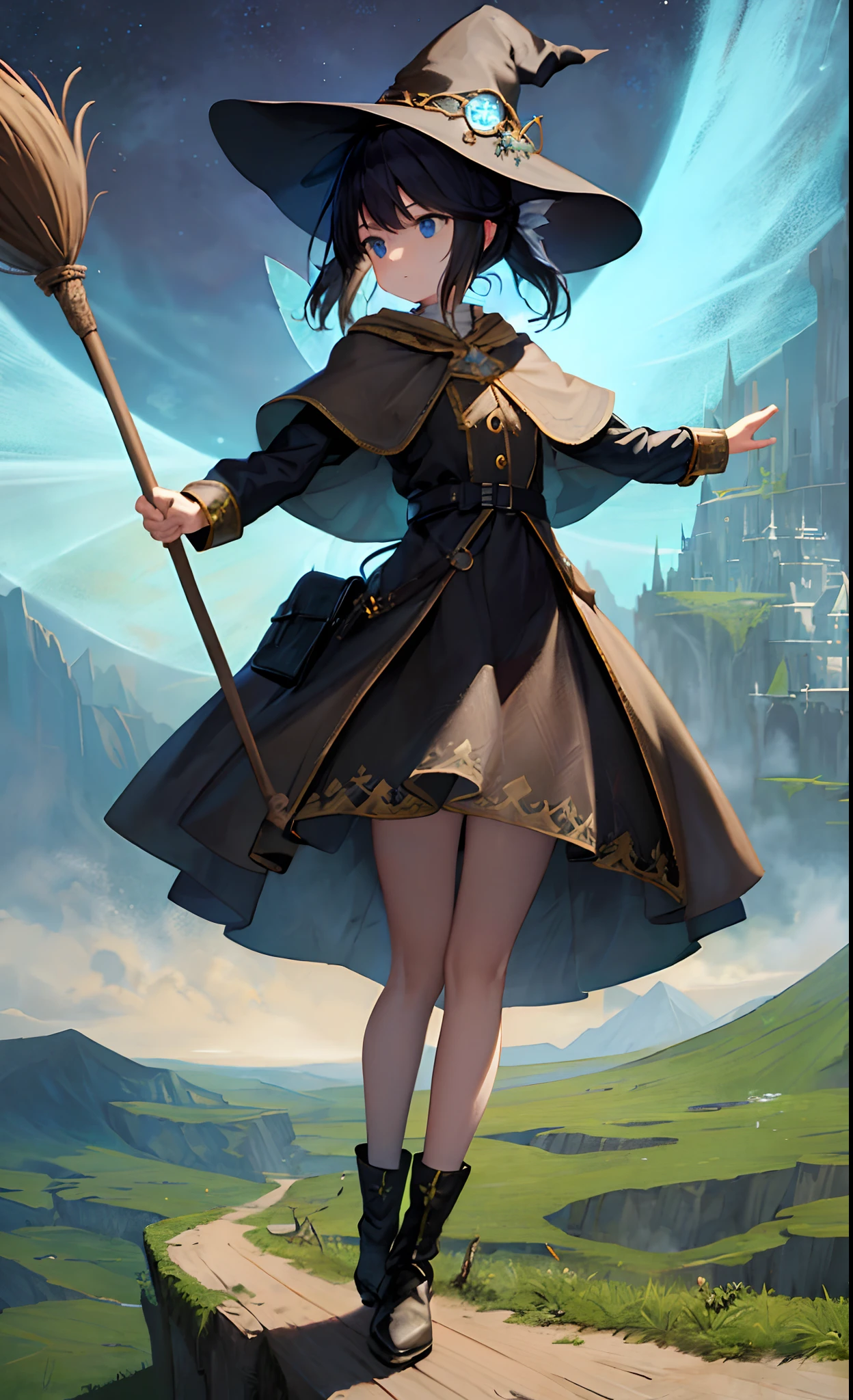 masterpiece, best quality, ultra-detailed, illustration, witch hermione, solo, fantasy, flight, broom, night sky, outdoors, magic, spells, moon, stars, clouds, wind, hair, large breasts, sculptural body, cape, hat, boots, broomstick, intense mist, shining, mysterious, charming, capricious, playful, adventurer, freedom, wonder, imagination, determination, skill, speed, movement, energy, realism, naturalistic, figurative, representational, beauty, fantasy culture, mythology, fairy tales, folklore, legends, witches, wizards, magical creatures, fantasy worlds, composition, scale, foreground, middle ground, background, perspective, diffused light, color, texture, intricate details, 8k