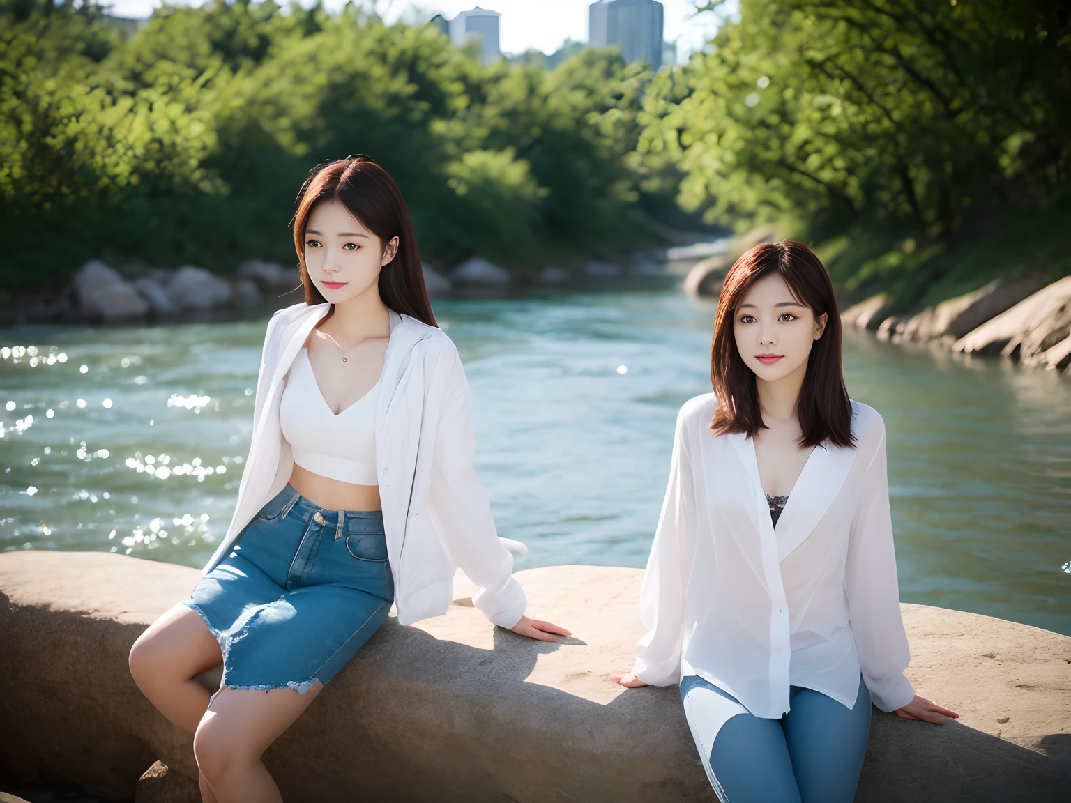 High quality,1 beautiful woman,Sit by the river and take pictures,Chest hyperexcion