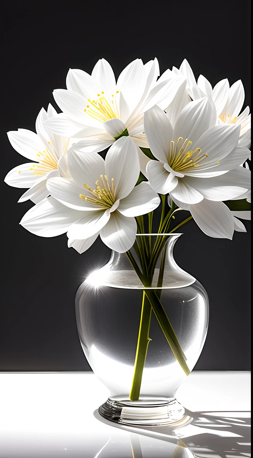 A bouquet of white plum blossoms, ultra-transparent, holy light, beautiful spectral light, dew on petals, twinkle, morning background, transparent droplets, reflected light, bright, light flowing inward, optical, portrait silhouette, sharp focus, magical, intricate, surrealism, fantasy, composition, light, art station trend, pearl, silver patronus cloud pair, caustic surround ray family 16k, ureal ar 23v4 uplight