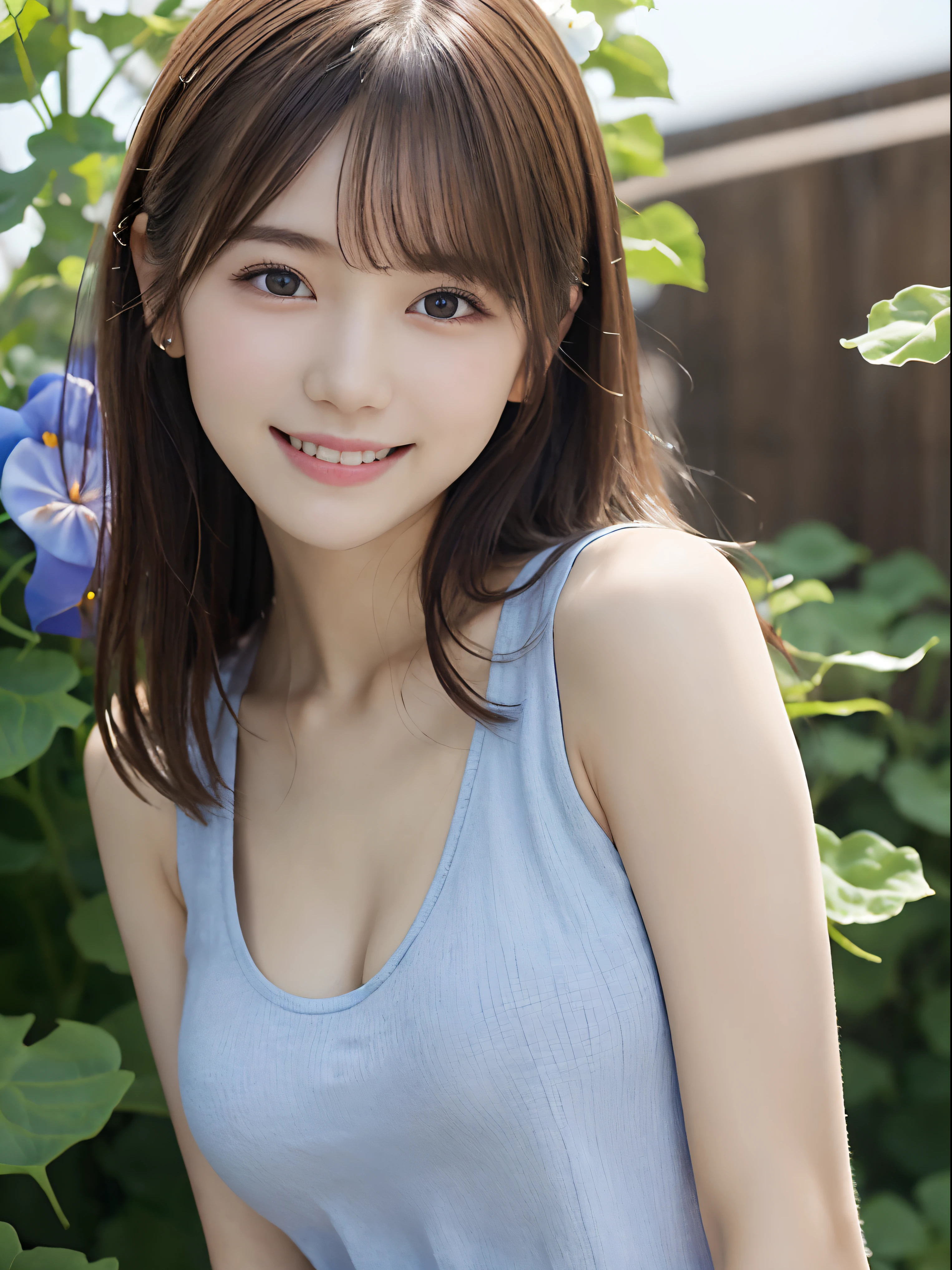 Ultra-realistic), (An illustration), (High resolution), (8k), (Very detailed), (最高のAn illustration),(Raw photo, Best Quality), (Realism, Photorealistic:1.4), Mastepiece, Very delicate and beautiful, Extremely detailed, 2k wallpaper, amazing, Fine details, Very detailedなCGユニティ8kの壁紙, Super detailed, High resolution, Beautiful detailed girl, Very detailedな目と顔, Beautiful detailed nose, Beautiful detailed eyes,Cinematic Lighting,Perfect Anatomy,Perfect promotion,(A shy smile, Beautiful Face), ((Perfect Legs, Perfect legs, Perfect hands, Perfect hands指, Perfect Arms, A shy smile, The mouth is perfect)), Looking straight at the camera, Bangs and ear bangs, (((Cute Japanese girl wearing denim shorts)))、 ((((((A beautiful 20-year-old Japanese girl wearing a bright, vivid blue sleeveless T-shirt.)))))), (((H cup big breasts)))、(((Bursting Busty!!!!!!!!!))) (((Huge boobs!!!!)))、((Huge breasts))、(((Attractive big breasts!!!!!!))), ((((Full body writing)))), ((((Bob Cut Hair)))), ((Solo Photo)), ((Black Hair)), ((((Beautiful smile)))), (Slender body), ((Standing in a seductive pose in the park)), ((Emphasis on cleavage)), ((huge breasts))