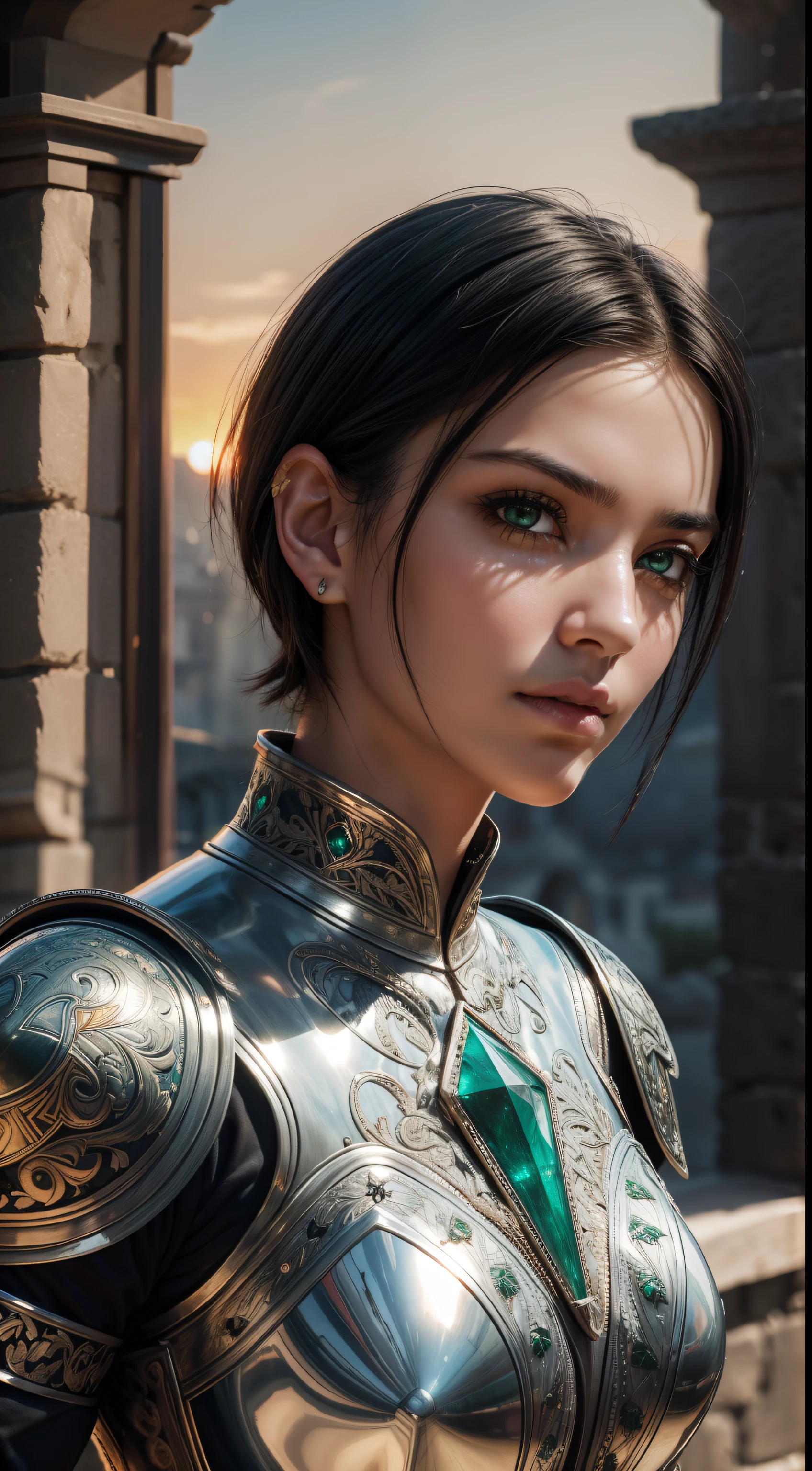 (masterpiece), (extremely intricate:1.3), (realistic), portrait of a gir, (black hair),short hair, ((Emerald eyes)), (medieval armor), metal reflections, silver armor, ((embroidery on armor)), intense sunlight, far away castle, professional photograph of a stunning woman detailed, sharp focus, dramatic, award winning, cinematic lighting, volumetrics dtx, (film grain, blurry background, blurry foreground, bokeh, depth of field, sunset),interaction, Perfect chainmail,((confident)),(Pose:looking at the camera)