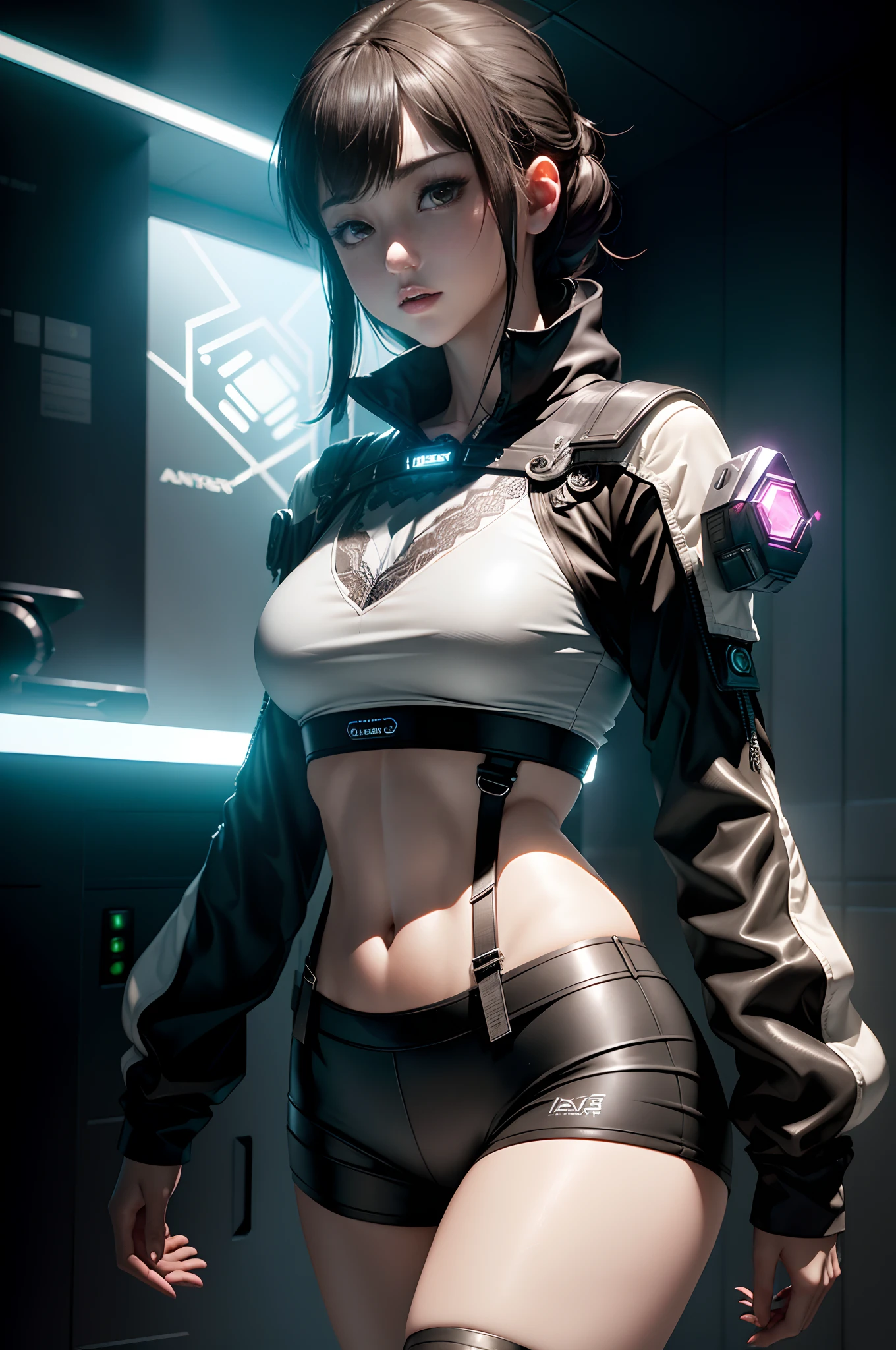 ((best qualtiy)), ((tmasterpiece)), (the detail:1.4), 。.。.。.3D, A beautiful cyberpunk female image,hdr(HighDynamicRange),Ray traching,NVIDIA RTX,Hyper-Resolution,Unreal 5,Subsurface scattering、PBR Texture、post-proces、Anisotropy Filtering、depth of fields、maximum definition and sharpness、Many-Layer Textures、Albedo e mapas Speculares、Surface coloring、Accurate simulation of light-material interactions、perfectly proportions、rendering by octane、Two-colored light、largeaperture、Low ISO、White balance、the rule of thirds、8K raw data、Raised translucent top, Smaller top, Smaller white lace shorts, Raised