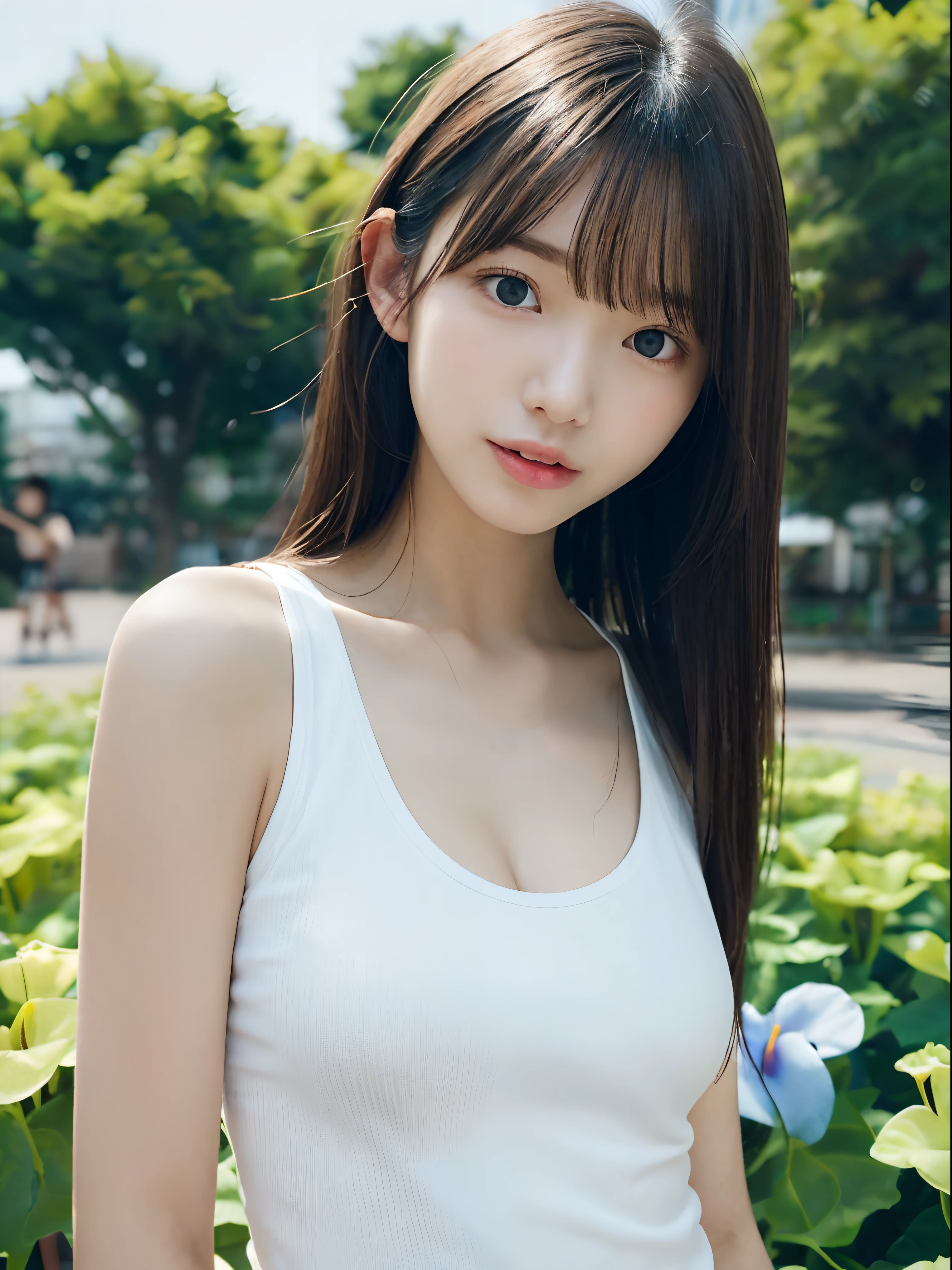 ((Best Quality, ​master piece, Ultra High Resolution, (Photorealistic:1.4), Raw photo, ULTRA DETAILED)), 1girl, Japanese idol, -yeld, poait, looking at viewer, extremely cute face like a the most popular Japanese idol, amazingly beautiful Big Black Eyes, Beautiful black hair, very beautiful lips, innocent smile, detailed face, detailed eyes, detailed lips, detailed hair, beautiful cleavage