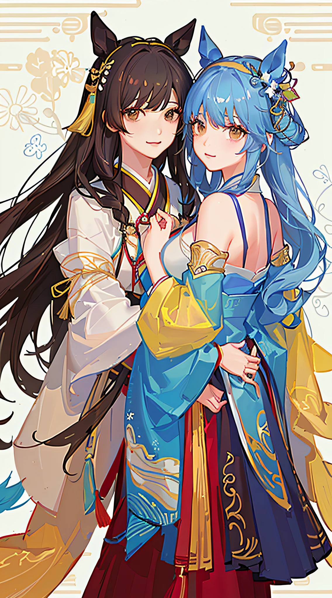 Kizi,full bodyesbian,(Face details:1.2),tmasterpiece,Fashionab,Hanfu,,mid hair,brunette color hair,dual horsetail,Qi bangs,Brown eyes,best qualtiy,ultra - detailed,16k