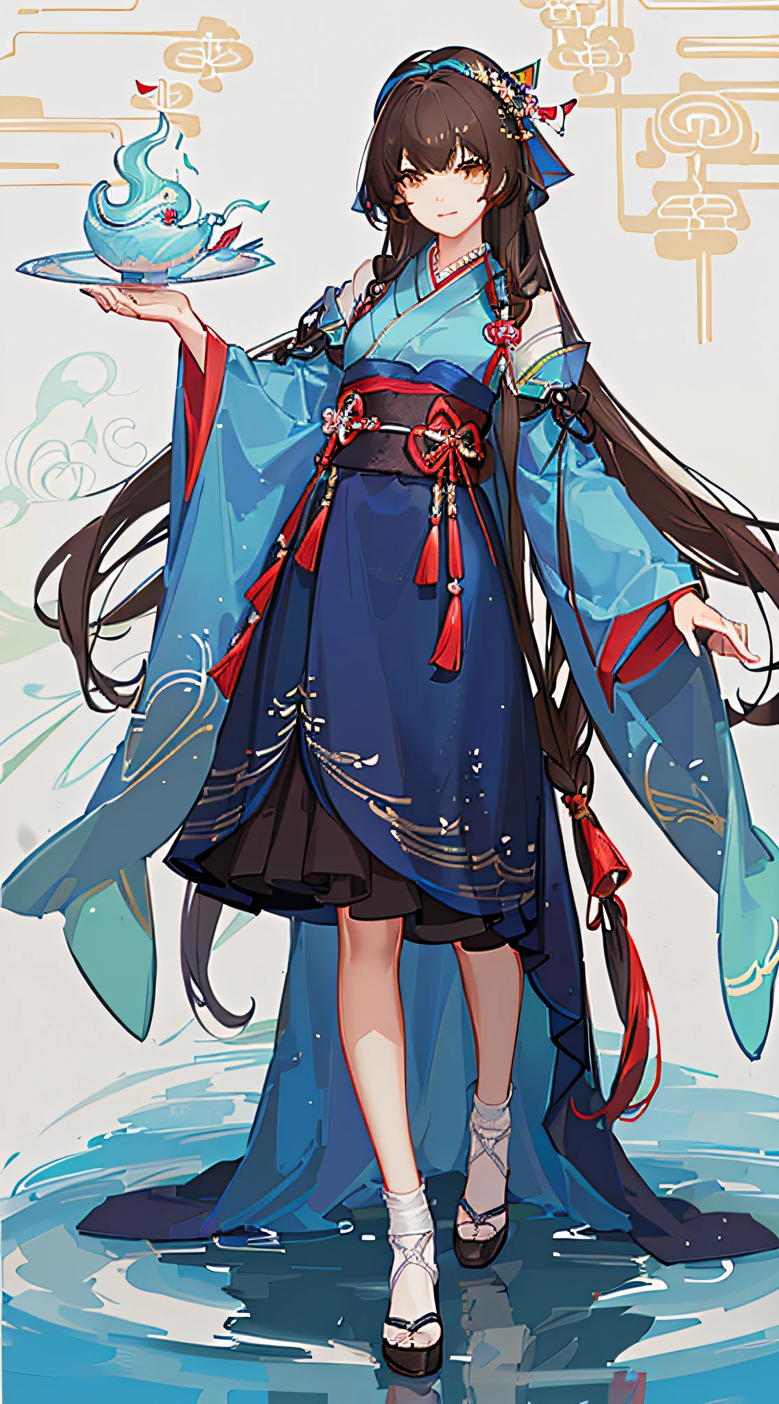 Kizi,full bodyesbian,(Face details:1.2),tmasterpiece,Fashionab,Hanfu,,mid hair,brunette color hair,dual horsetail,Qi bangs,Brown eyes,best qualtiy,ultra - detailed,16k