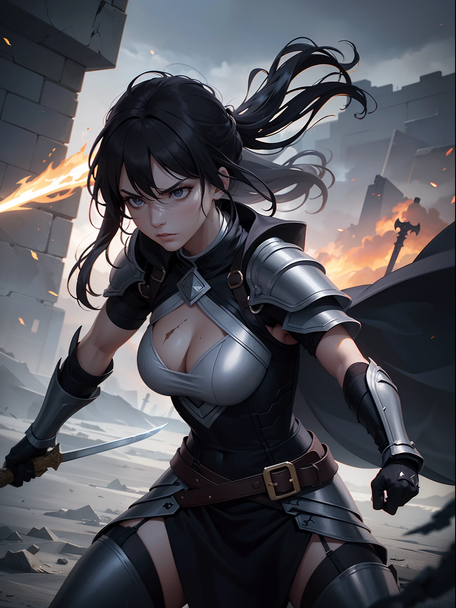 "A fierce and powerful female warrior in an epic battle, with intense determination in her eyes and a sword glinting in her hand. The scene is set in a desolate, post-apocalyptic landscape, with dark storm clouds swirling in the sky and debris littering the ground. Show her in a dynamic pose, showcasing her strength and agility. The lighting is dramatic, casting strong shadows and emphasizing her strong silhouette. Capture the energy and intensity of the moment, with bursts of fiery sparks and swirling dust around her. Create a highly detailed and realistic depiction, with intricate armor, battle scars, and flowing hair. Show the tension in her muscles and the determination in her expression. This piece should be a true masterpiece, showcasing the best quality and attention to detail."