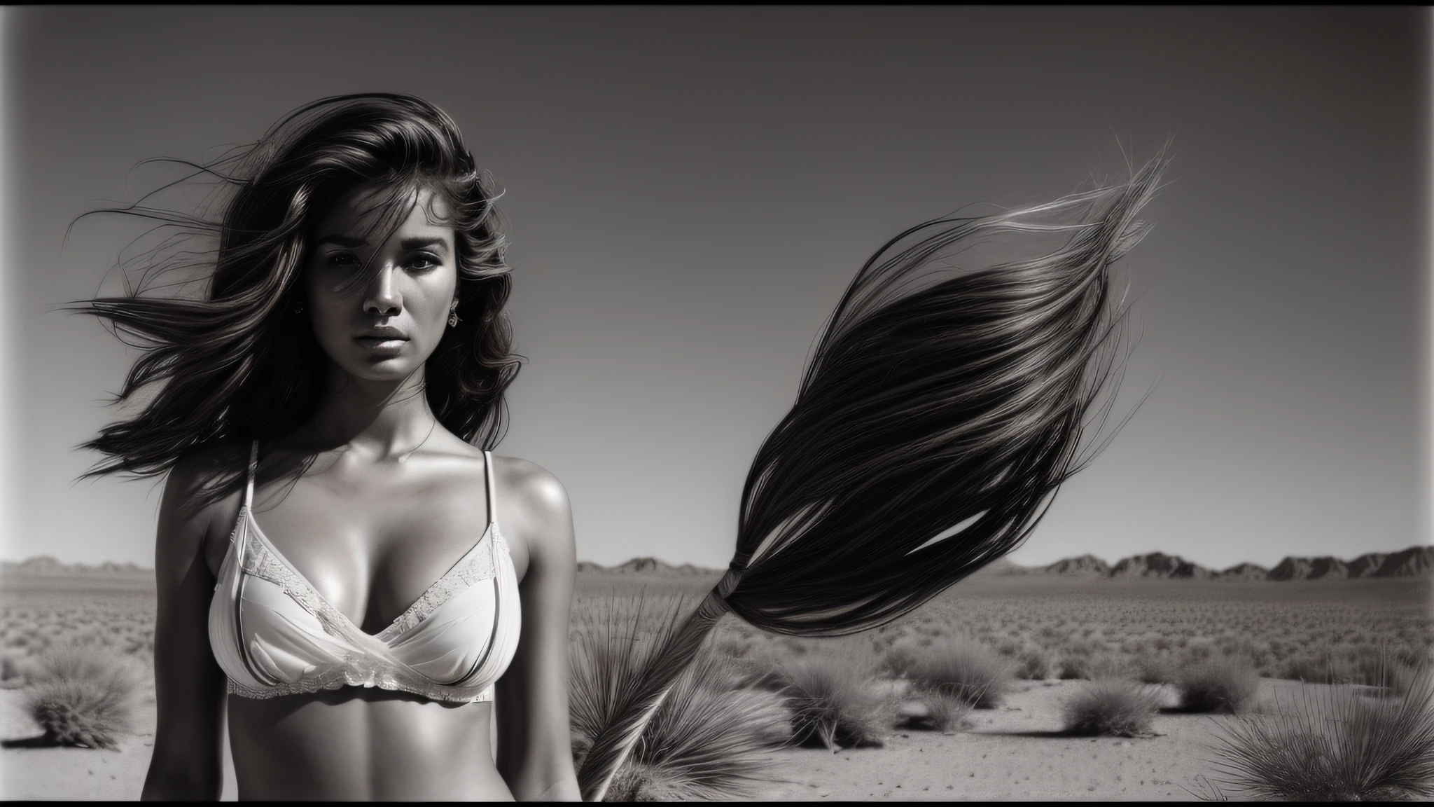 (a black and white closeup film photography of A woman stands in the desert with her hair disheveled by the wind by Hasselblad 503 CX, Kodak Tri-X 400 :1.4), (((1girl))), (((solo))), symmetric, realistic pupils, closeup, looking at viewer, midriff
BREAK
centered, subsurface scattering, oblique light, Transparent of light, detailed skin, detailed background, items, realistic proportions, masterpiece, best quality, realistic, absurdres, hyperrealistic, sharp focus, (intricate details, hyperdetailed, film photo:1.2), good anatomy