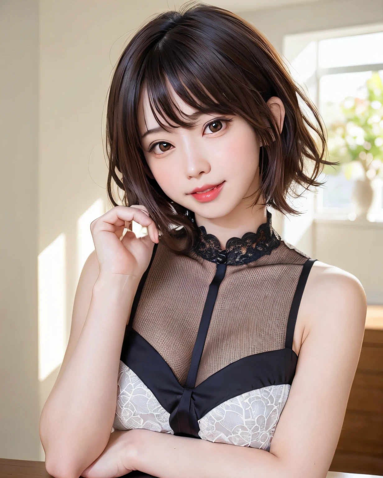 top-quality, Photorealsitic, 8K, hight resolution, 1girl in, femele, (Skindentation), (portlate:0.6), a gorgeous, ((Background room, home tutor, girl:1.72)), ((Short straight hair, partedbangs:1.7)), Look at viewers, (1 Viewers looking into the eyes of a girl:1.6), Photorealsitic, (bokeh dof), (a smile, Mouth closed:1.3), a gorgeous, pureerosface_v1:1,