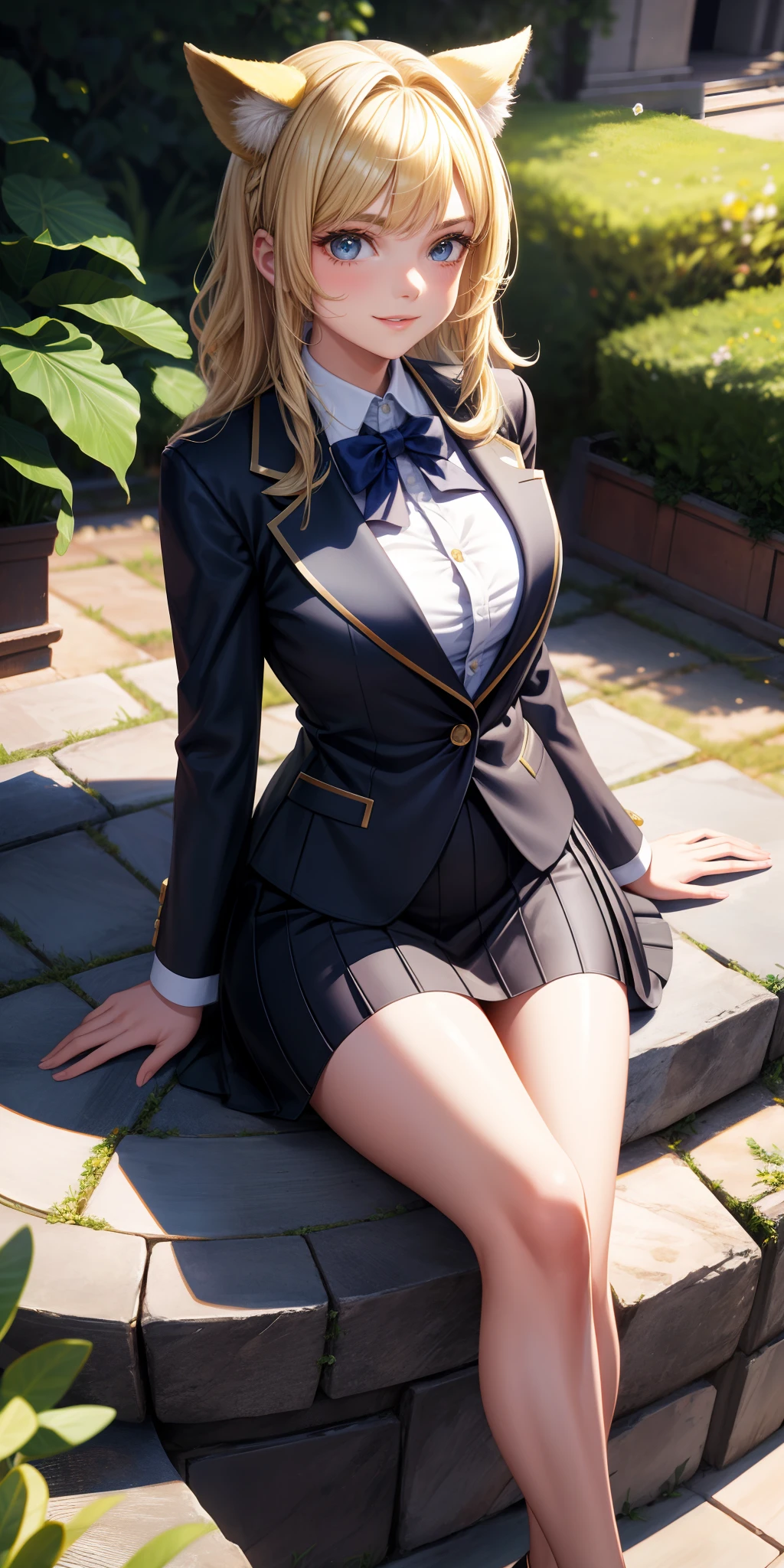 seios grandes, 1girl, ((blonde hair)) ((menina lobo)) olhos azuis, tem um corpo extremamente sexy, com seios fartos e cintura fina, e um corpo extremamente sexy, Blazer e saia curta, has a bold appearance. jovem, qualidade, Realistic, best quality, cuteexpression, Shy smile, jardim de flores, Rochas