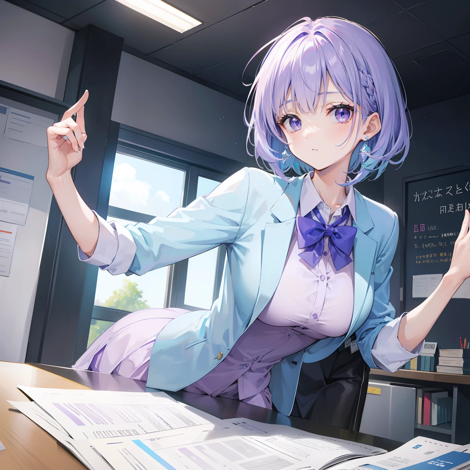 Light purple-blue hair,Crystal clear teacher uniforms,Beautiful female teacher with a fresh and fresh feeling
