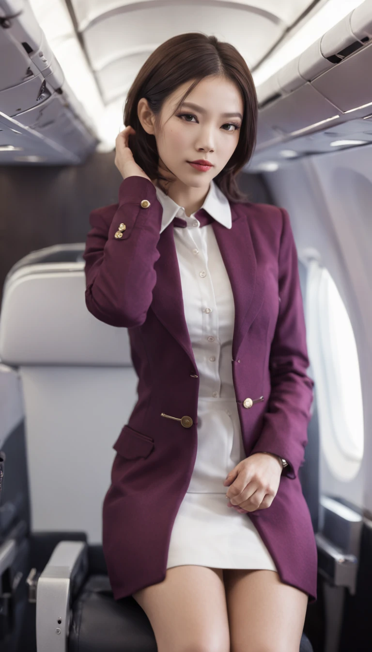 (Best quality: 1.1), (Realistic: 1.1), (Photography: 1.1), (highly details: 1.1), (1womanl), Airline flight attendants,Red coat,White shirt,Short skirt,black lence stockings,bent down,In the plane,KafkaHKS,Hong Kong,Purple eyes, Purple hair, eyewear on head, sunglasses,Small breasts,Chinese woman,Detailed,outstanding,optimal,
