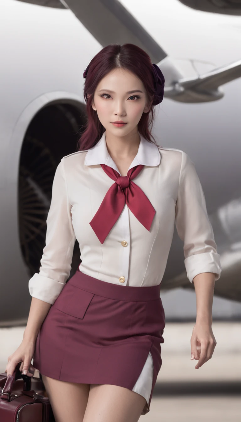 (Best quality: 1.1), (Realistic: 1.1), (Photography: 1.1), (highly details: 1.1), (1womanl), Airline flight attendants,Red coat,White shirt,Short skirt,black lence stockings,bent down,In the plane,KafkaHKS,Hong Kong,Purple eyes, Purple hair, eyewear on head, sunglasses,Small breasts,Chinese woman,Detailed,outstanding,optimal,