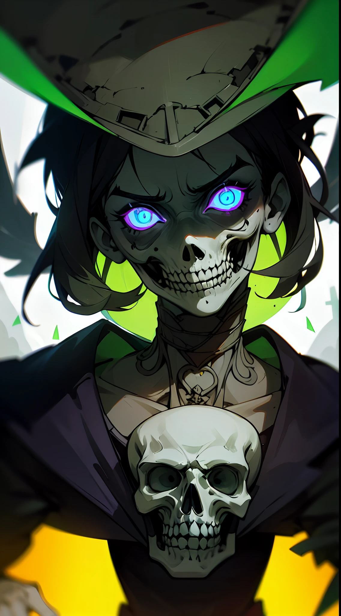 (Fondo de pantalla muy detallado 8K), man, Terrifying Necromane in the middle of the shot, caveira, ardor en los ojos, sombras ominosas, humo verde, intrincado, High detail, dramatic