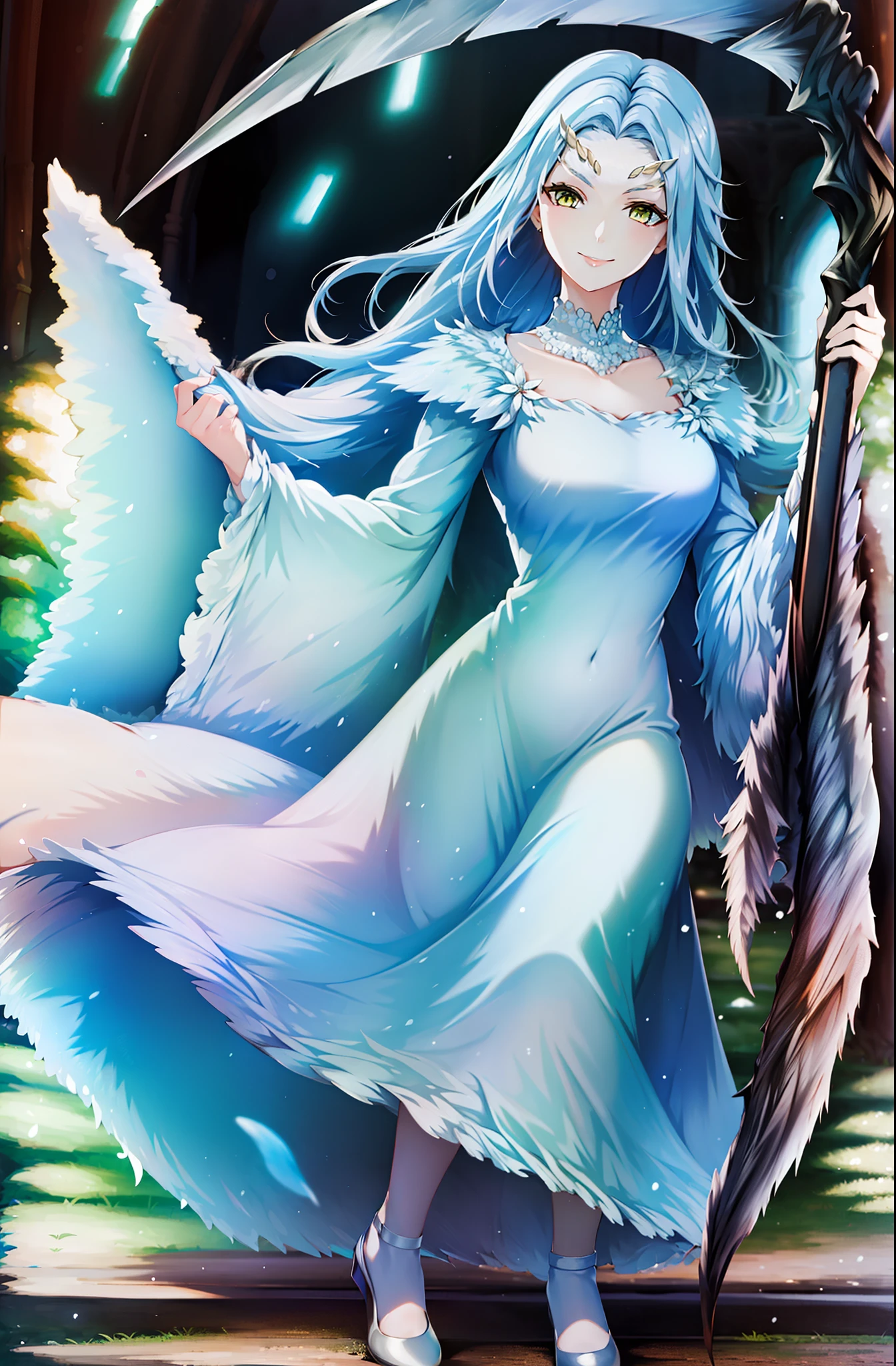 ((masterpiece)), ((best quality)), ((highres)), ((finely detail)), 1girl,priscilla the crossbreed, holding scythe, white dress, full body,smile