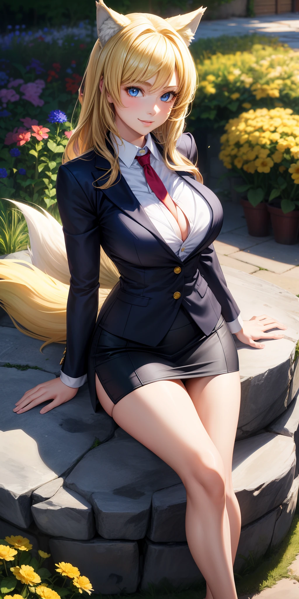 Big breasts, 1girl, ((blonde hair)) ((wolf girl)) blue eyes, has an extremely sexy body, with full breasts and a thin waist, and an extremely sexy body, blazer and short skirt, has a bold appearance. young, quality, realistic, best quality, cute expression, shy smile, flower garden, rocks