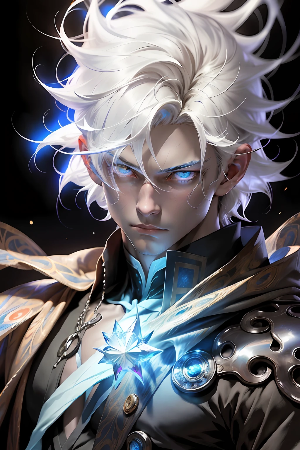 (Anime artwork) Ultra-detailed portrait of a pale man, Male, Fair skin like quartz, Whitened hair, Handsome, Vibrant blue eyes like gemstones, Mage, fantasy, cunning, Grace under pressure. [Crystalline background