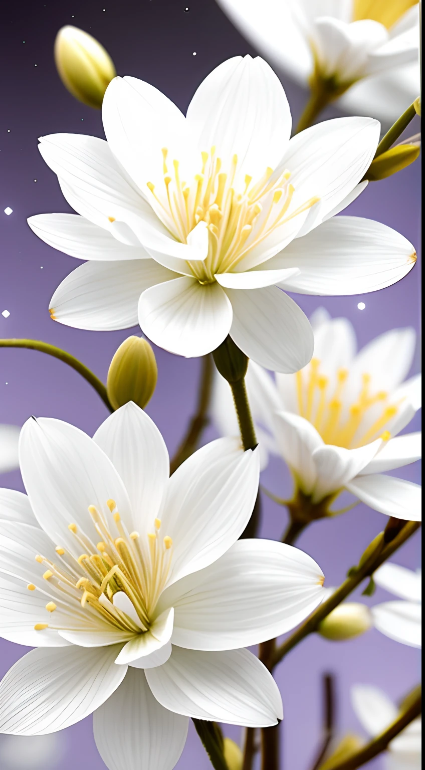 A bouquet of white plum blossoms, ultra-transparent, holy light, beautiful spectral light, dew on petals, twinkle, morning background, transparent droplets, reflected light, bright, light flowing inward, optical, portrait silhouette, sharp focus, magical, intricate, surrealism, fantasy, composition, light, art station trend, pearl, silver patronus cloud pair, caustic surround ray family 16k, ureal ar 23v4 uplight