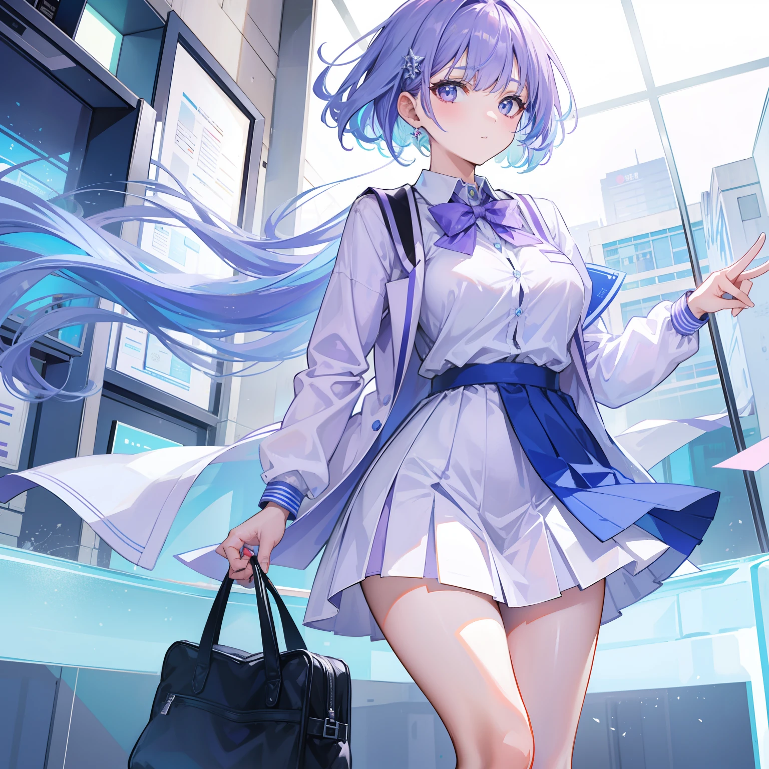 Light purple-blue hair,Crystal clear teacher uniforms,Beautiful female teacher with a fresh and fresh feeling