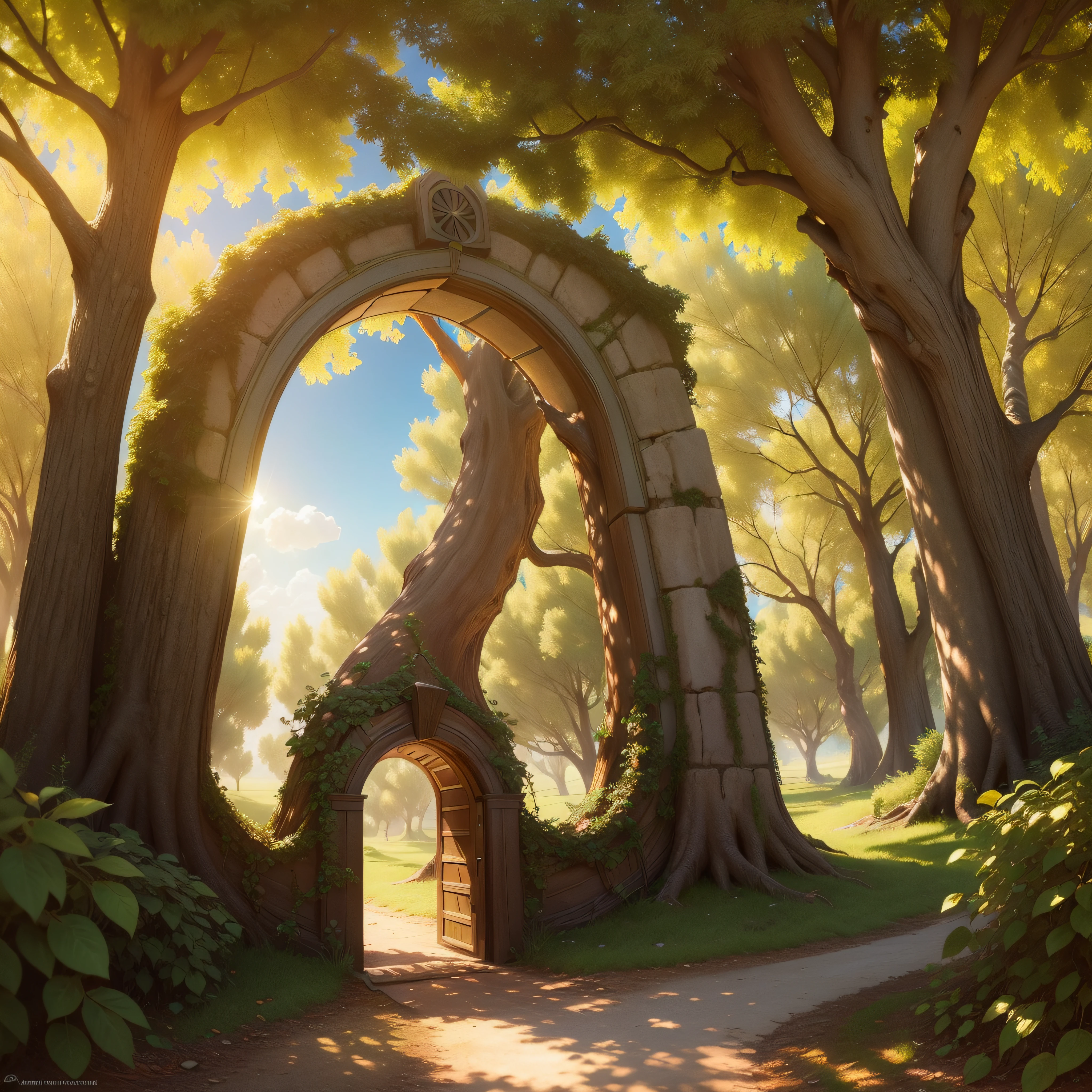 (time travel tree portal:1.4), olive grove, small historical remains, sensual, fantasy art, epic fantasy digital art style, 4k fantasy art, front light, afternoon, warm light, sun rays