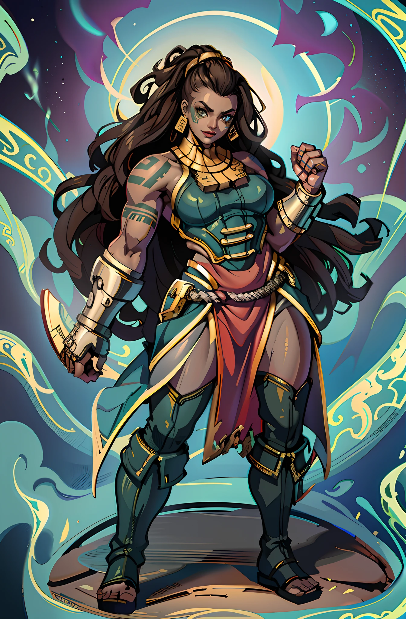 illaoi, 1girl, dark skin, long hair, muscular, solo, standing, detailed face, ultra detailed eyes, looking at viewer, cowboy shot, upper body, (masterpiece:1.2, best quality), flipflops,full body, crazy smile