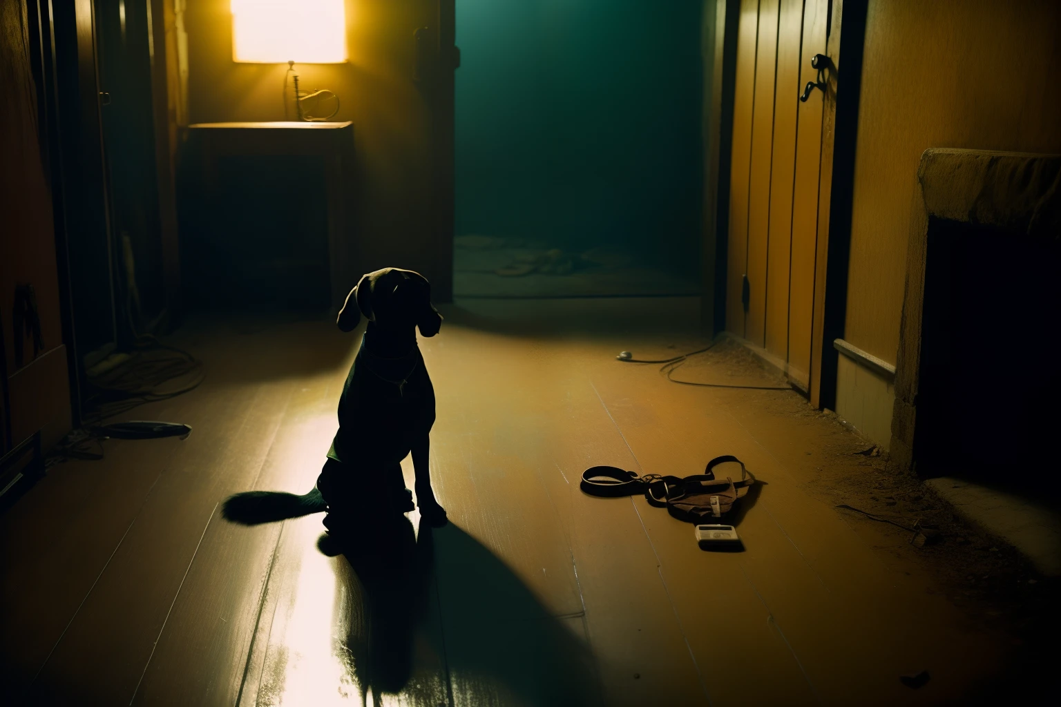 sad dog on the floor with a dog collar : post-apocalypse : dimly lit basement : 1950 bystander color photography dystopia