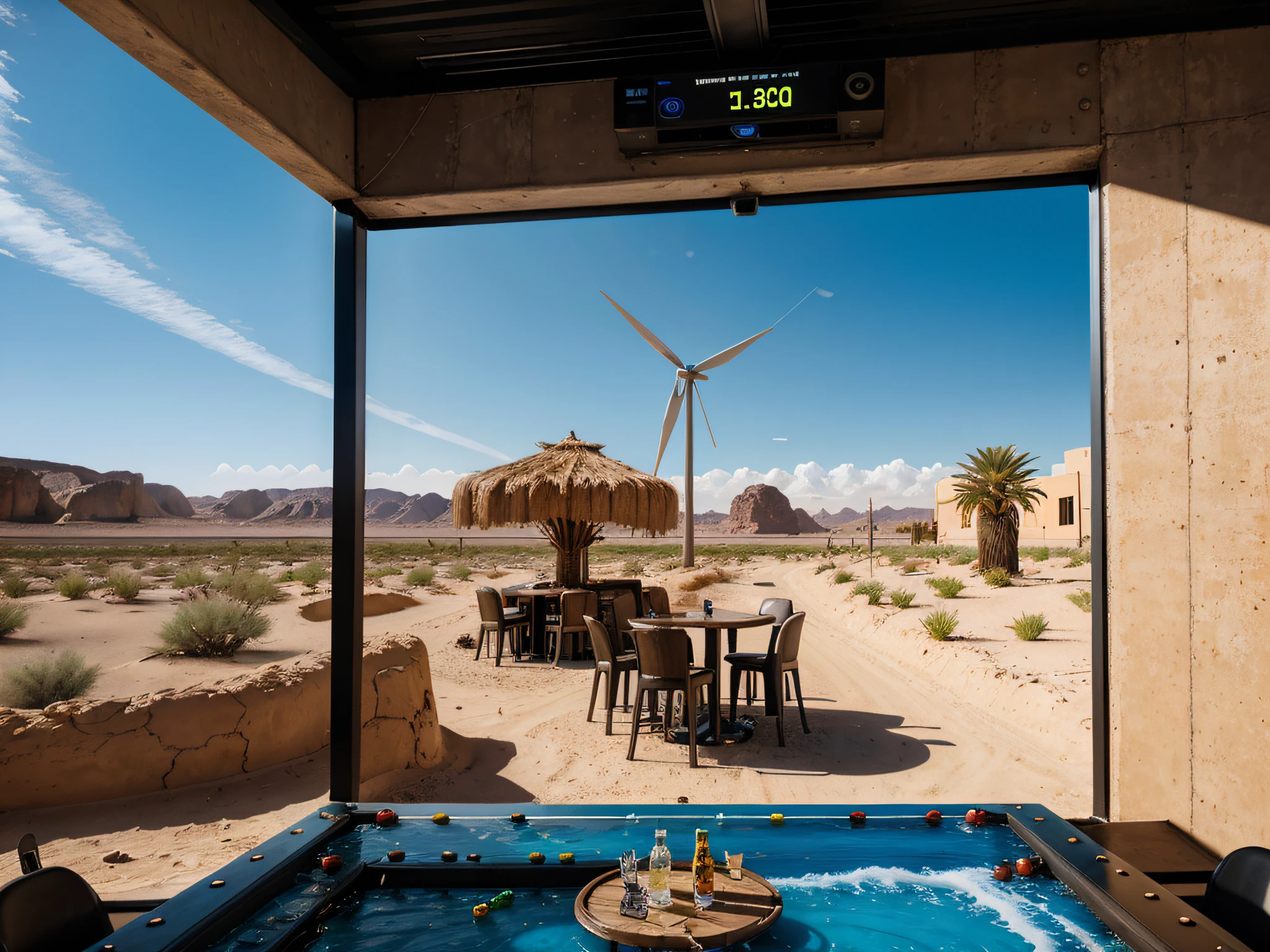 hyper realistic photograph, oasis, water, cyberpunk bar, restaurant, high tech details, desert, wind, realistic colors, 64k, Masterpiece, ULTRAHD