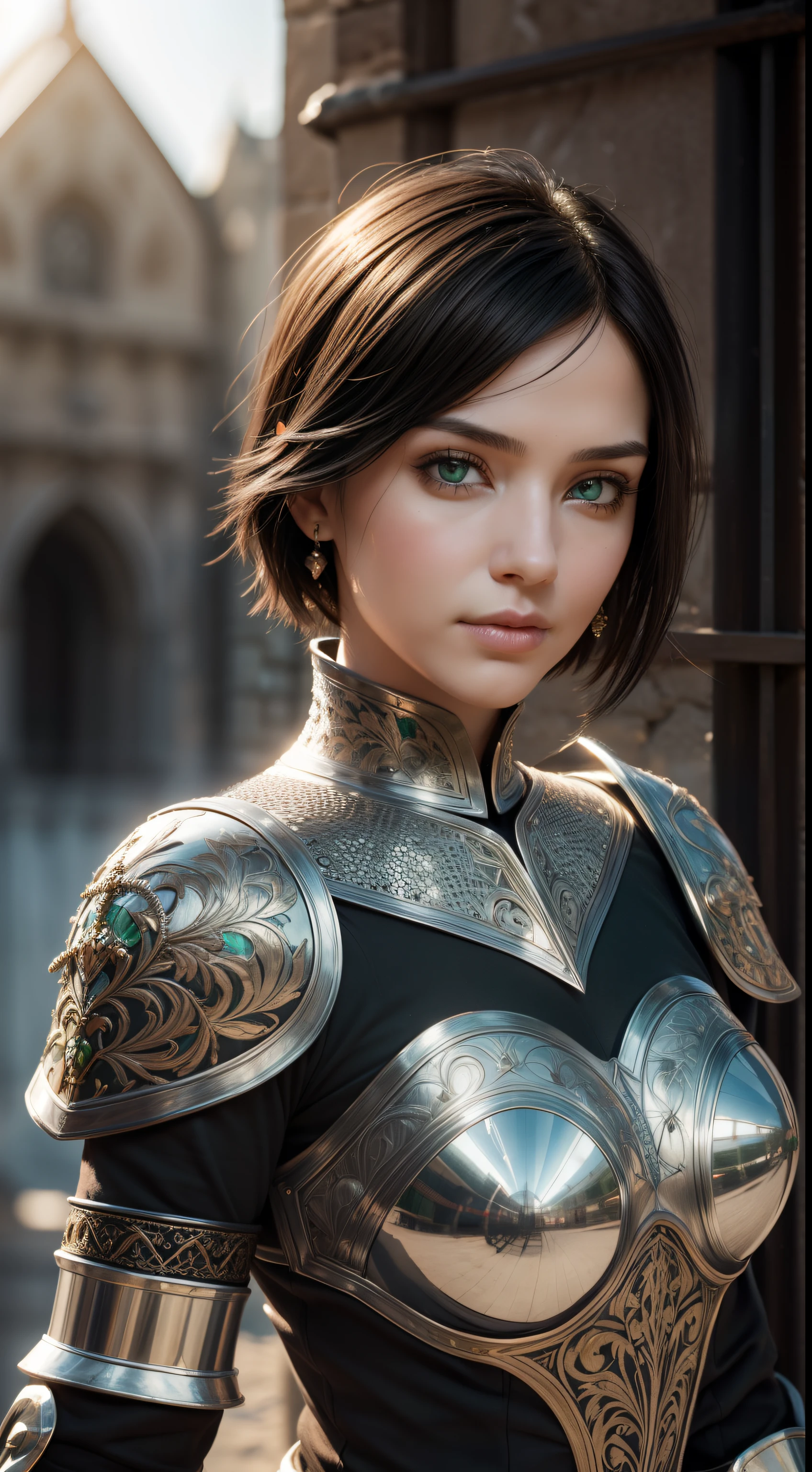 (masterpiece), (extremely intricate:1.3), (realistic), portrait of a gir, (black hair),short hair, ((Emerald eyes)), (medieval armor), metal reflections, silver armor, ((embroidery on armor)), intense sunlight, far away castle, professional photograph of a stunning woman detailed, sharp focus, dramatic, award winning, cinematic lighting, volumetrics dtx, (film grain, blurry background, blurry foreground, bokeh, depth of field, sunset),interaction, Perfect chainmail,((confident)),(Pose:looking at the camera)