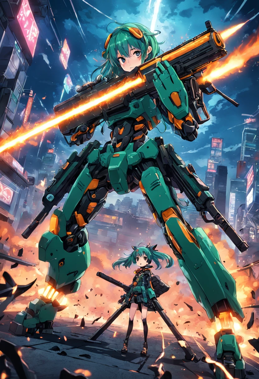 ((touhou Project style)), and Tatara Kogasa, anime, rabbit ears, green short hair, red eyes, japanese anime style, (((long guns))), ery detailed CG unified 8k wallpaper, very fine 8KCG wallpaper, hyper quality,
