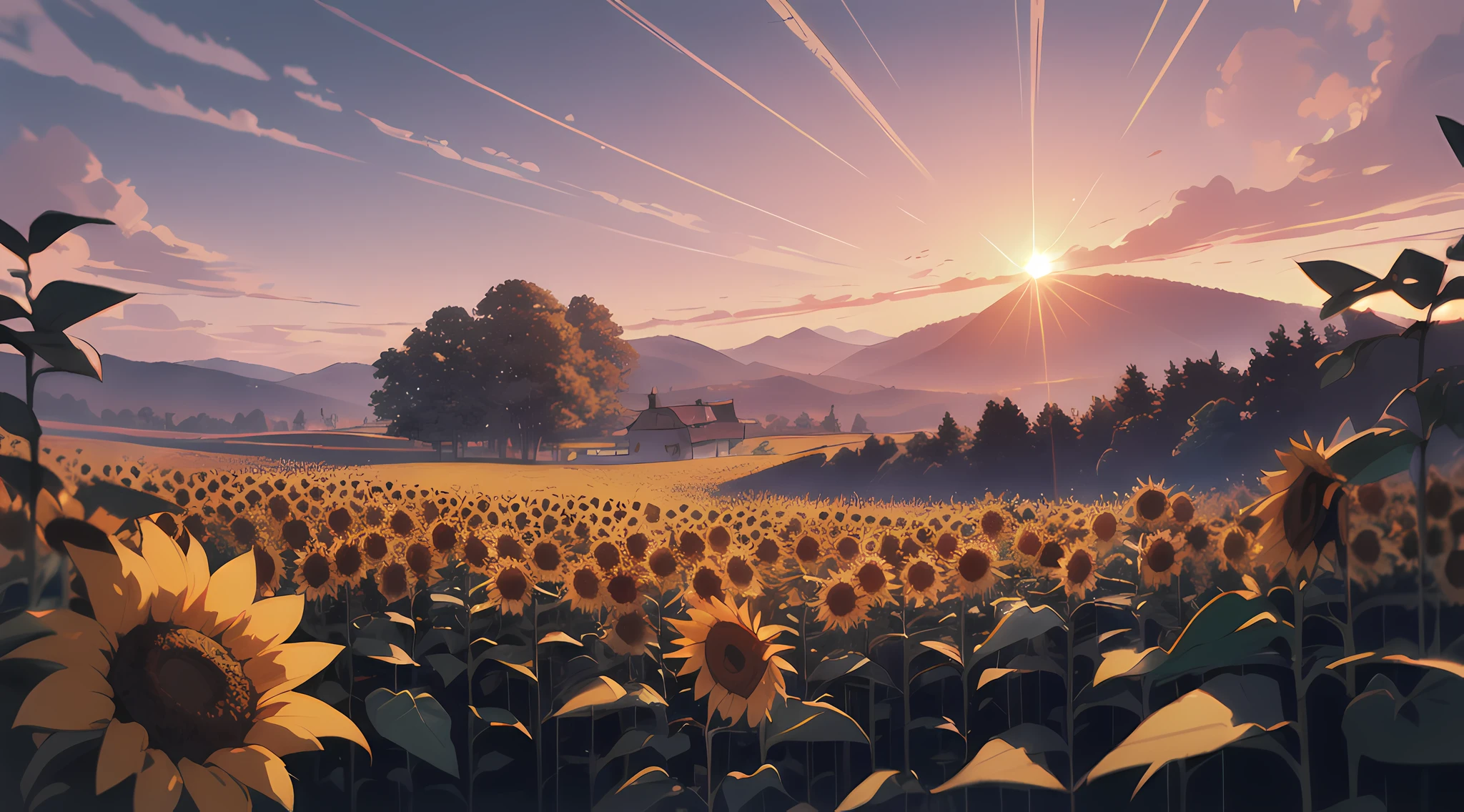 ((Midsummer Dusk)),sunflowers fields、twlight,Green Flash,landscapes,(Best Impact:1.5), (maximalism:1.7),Vivid contrast, (Realistic), hyperrealistic illustrations, hight resolution, ultra-detailliert, absurderes,(Fractal Art:1.3),Retro、Precise focus、cinema4d、Drama